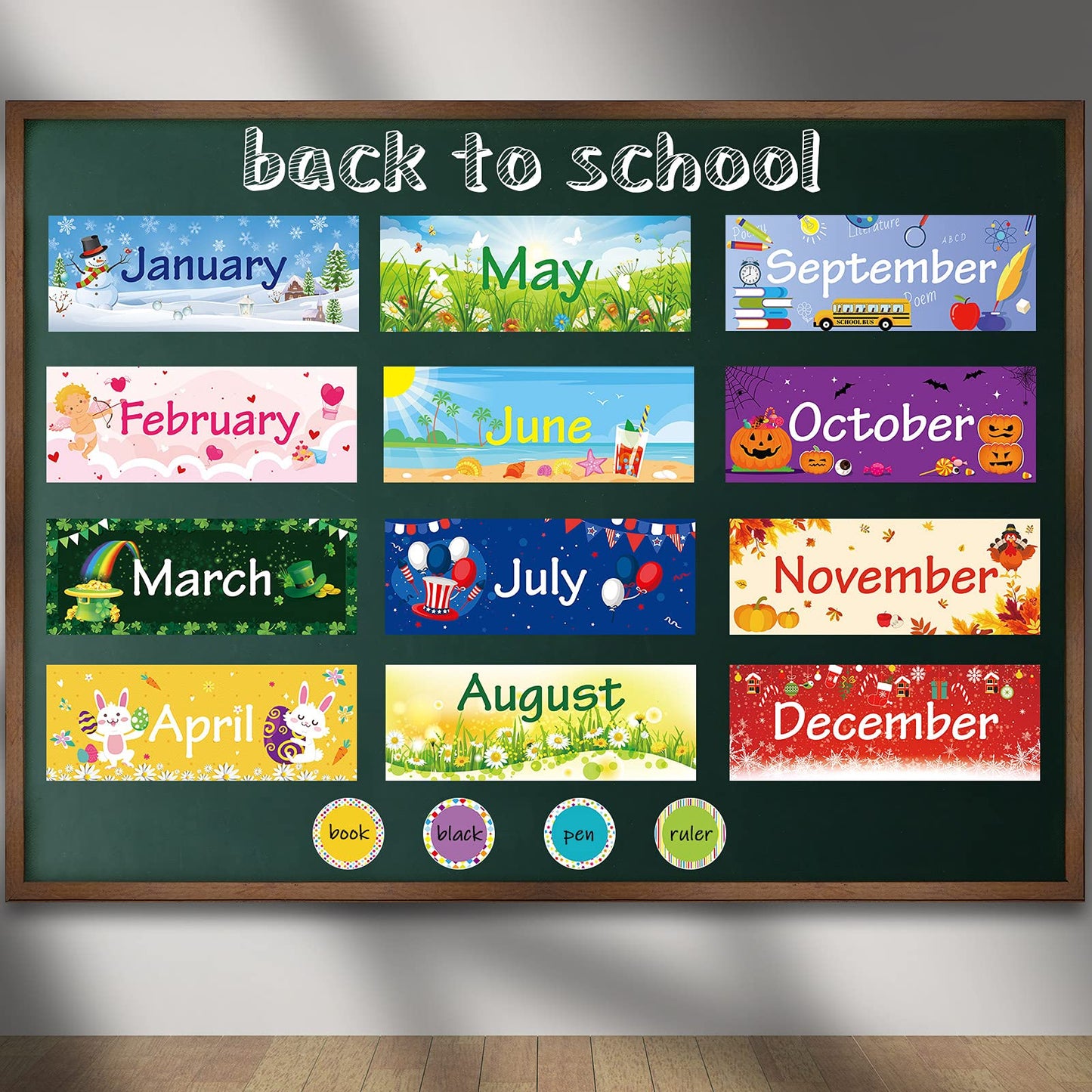 48 Pieces Holiday Monthly Headliners Set 12 Months of The Year Headers Monthly Bulletin Board Borders Seasonal Monthly Headers with 36 Round Blank Confetti Cutouts for School Bulletin (Cute Style)