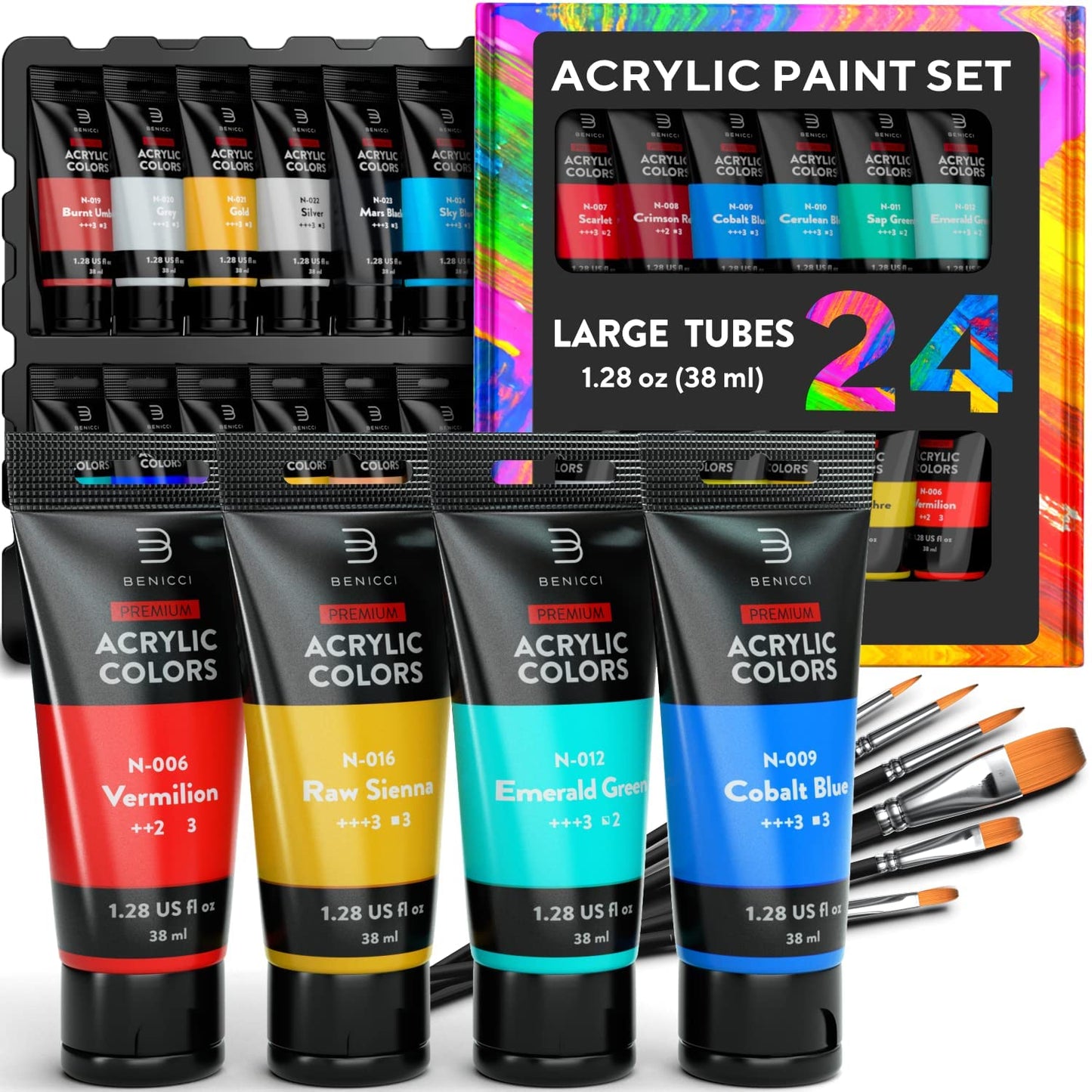 Premium Quality Acrylic Paint Set 24 Colors - 1.28oz (38ml) - with 6 Nylon Brushes - Safe for Kids & Adults - Perfect Kit for Beginners, Pros & Artists to Create Amazing Paintings and Artwork
