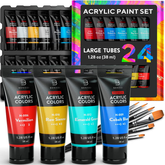 Premium Quality Acrylic Paint Set 24 Colors - 1.28oz (38ml) - with 6 Nylon Brushes - Safe for Kids & Adults - Perfect Kit for Beginners, Pros & Artists to Create Amazing Paintings and Artwork