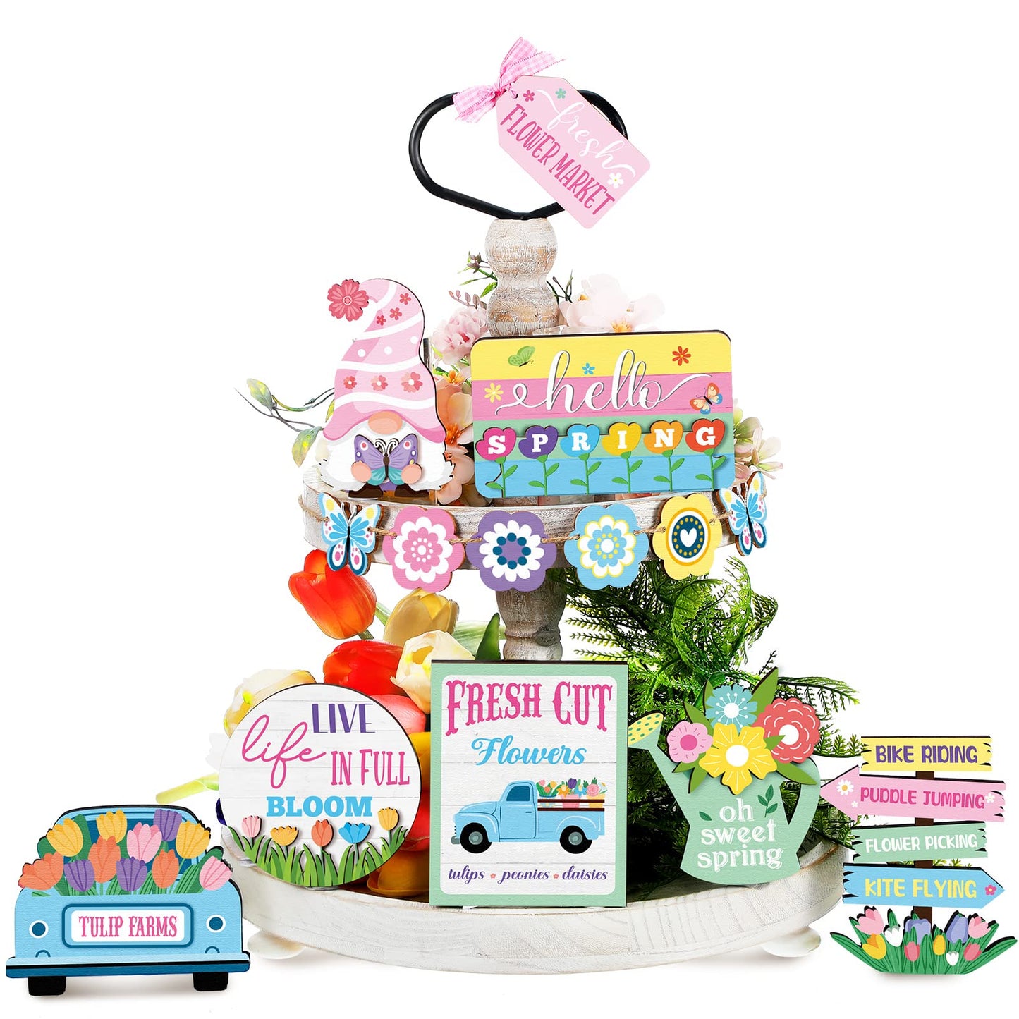 14 Pieces Hello Spring Tiered Tray Easter Decorations Fresh Flower Market Wooden Sign Farmhouse Rustic Wood Mini Tiered Tray for Spring Home Decor