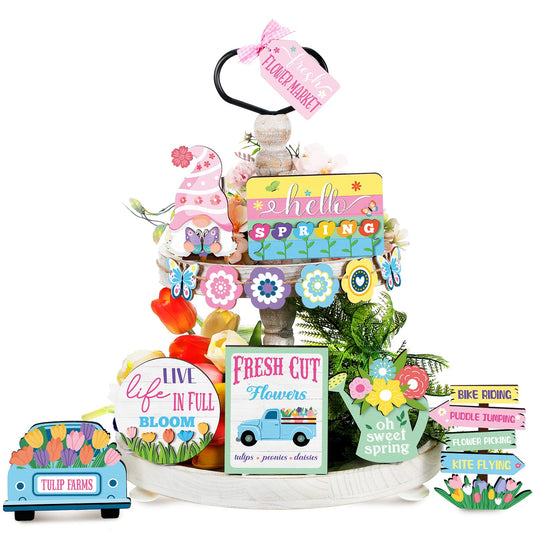 14 Pieces Hello Spring Tiered Tray Easter Decorations Fresh Flower Market Wooden Sign Farmhouse Rustic Wood Mini Tiered Tray for Spring Home Decor