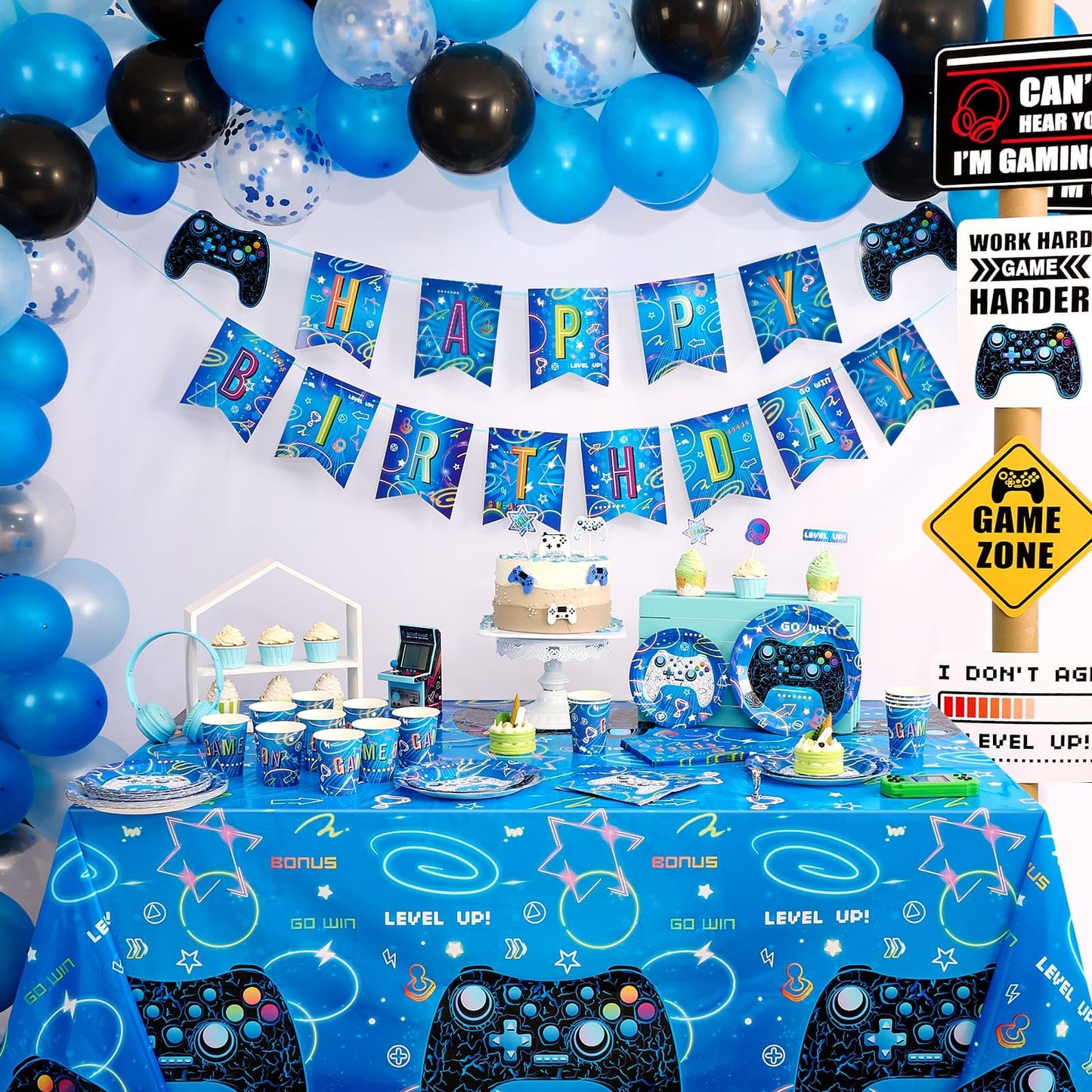 Video Game Party Supplies Set - 88 PCS Gamer Birthday Party Decorations for Kids Boys Family Gaming Night Tableware Set Happy Birthday Banner Tablecloth Plates Napkins Cups Balloons Serves 16 Guests