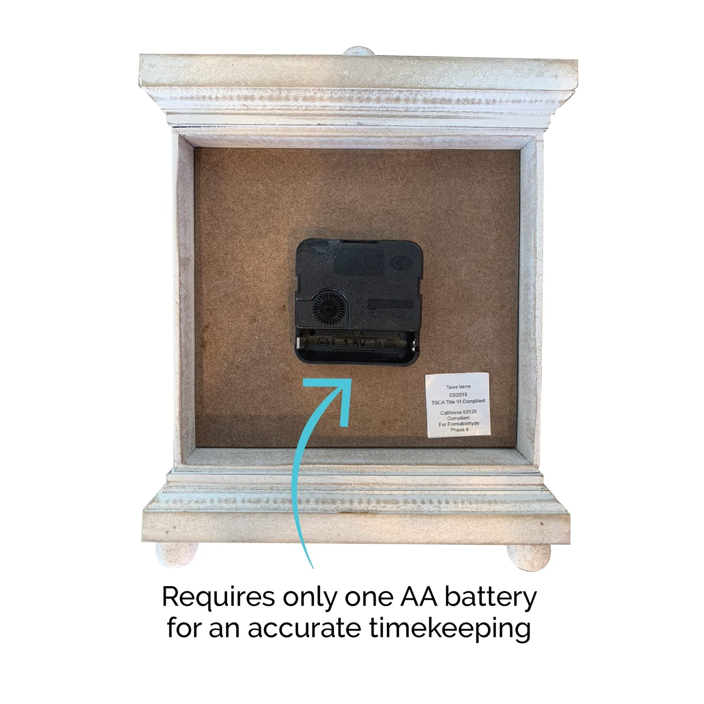 Tasse Verre Rustic Shelf Clock (Quiet) for Living Room Mantel, Table, Or Desk 9" X 7" Farmhouse Decor Distressed White Washed Wood Silent - Office Fireplace. AA Battery Operated Non-Digital, Tan