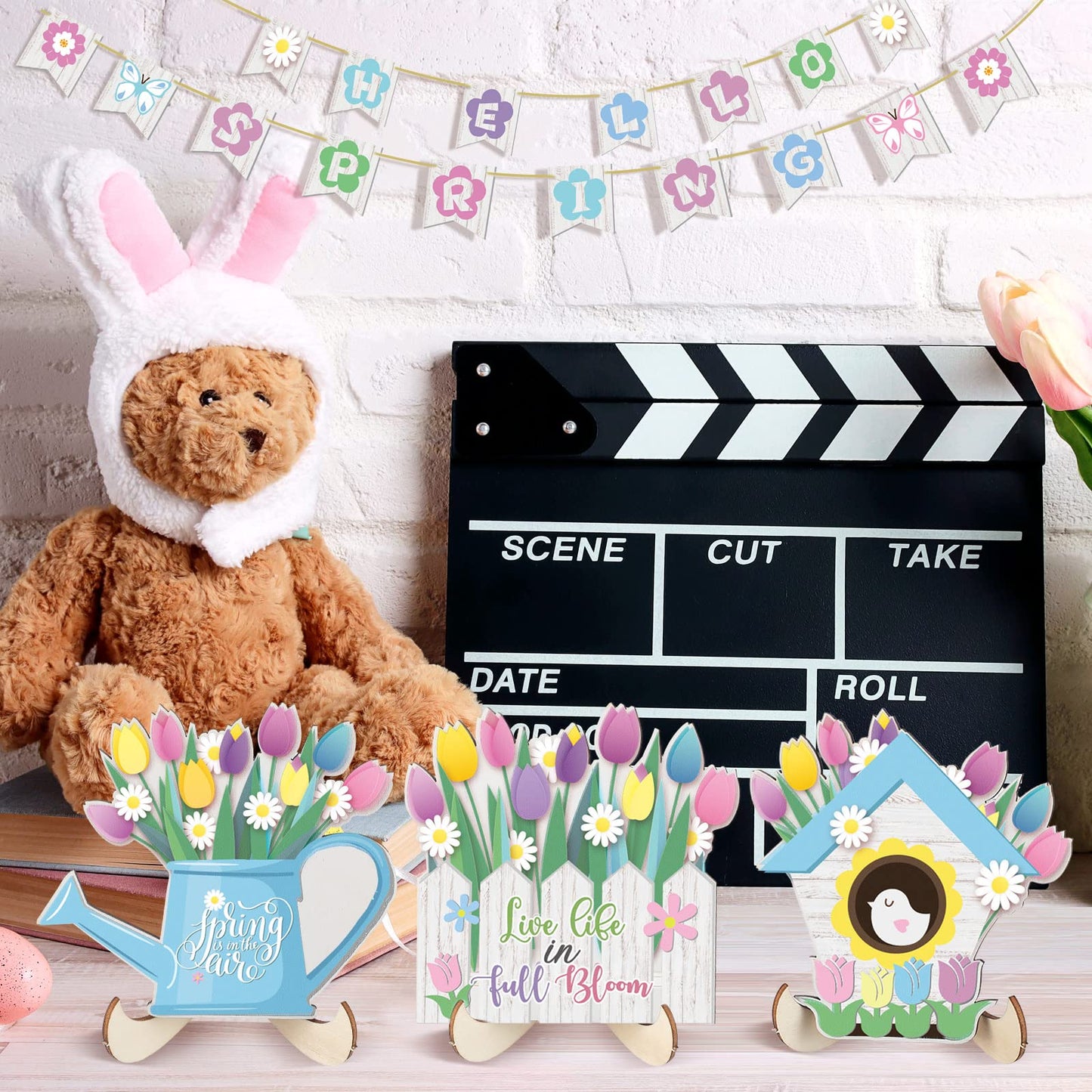 Bucherry Hello Spring Tiered Tray Decor Tulips Table Wooden Sign Decorations Flower Market Tabletop Rustic Farmhouse Decor for Spring Holiday Party Home Kitchen (Tulip Style)