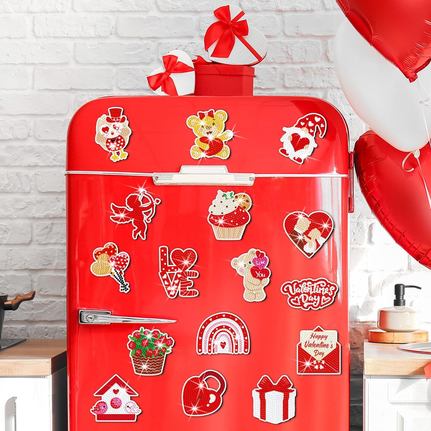 Umigy 16 Pcs Valentine's Day Diamond Painting Magnets for Refrigerator Heart Love Gnome Diamond Art Magnets DIY Red Valentines Day Diamond Painting Kits Diamond Art for Adults Kids Crafts Gifts