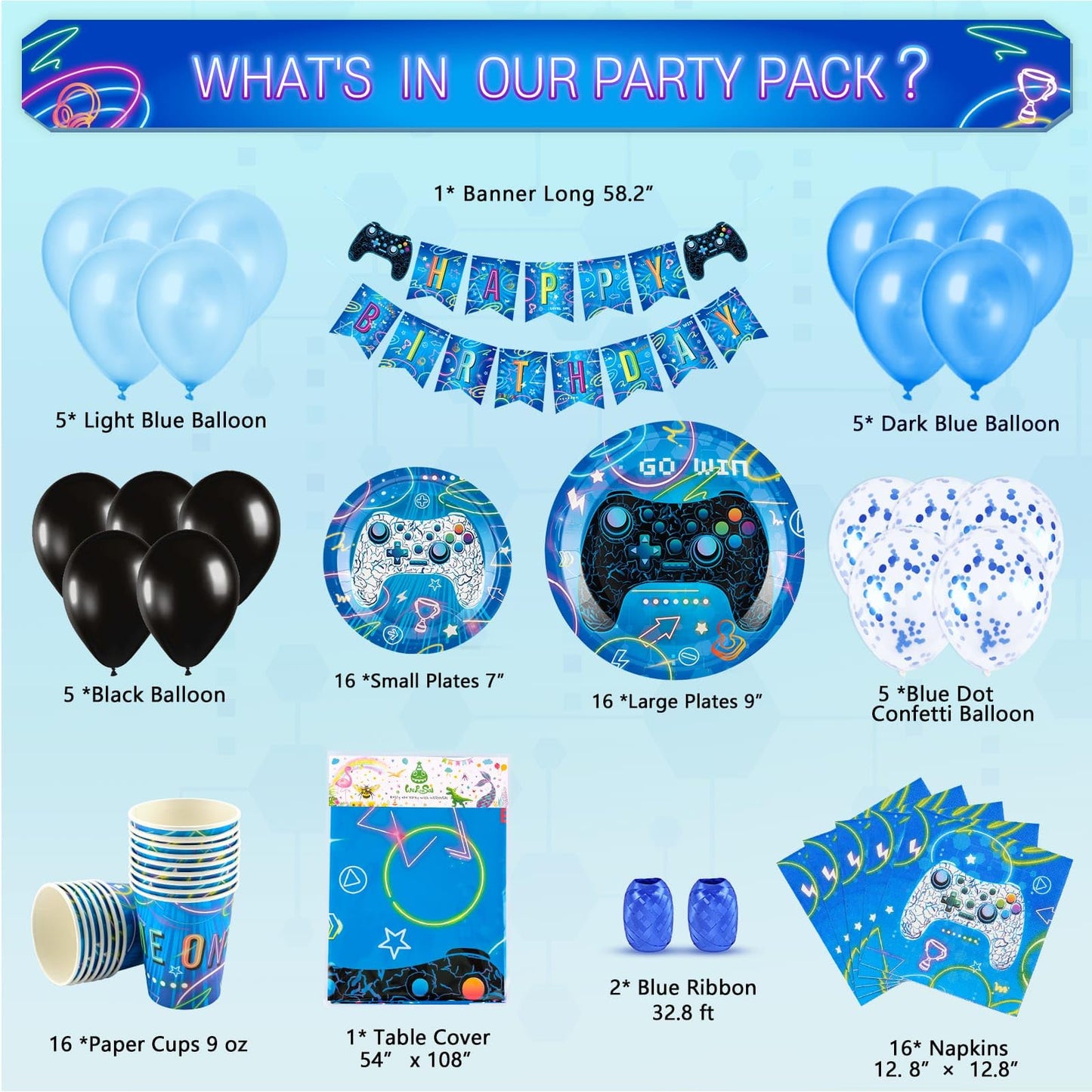 Video Game Party Supplies Set - 88 PCS Gamer Birthday Party Decorations for Kids Boys Family Gaming Night Tableware Set Happy Birthday Banner Tablecloth Plates Napkins Cups Balloons Serves 16 Guests