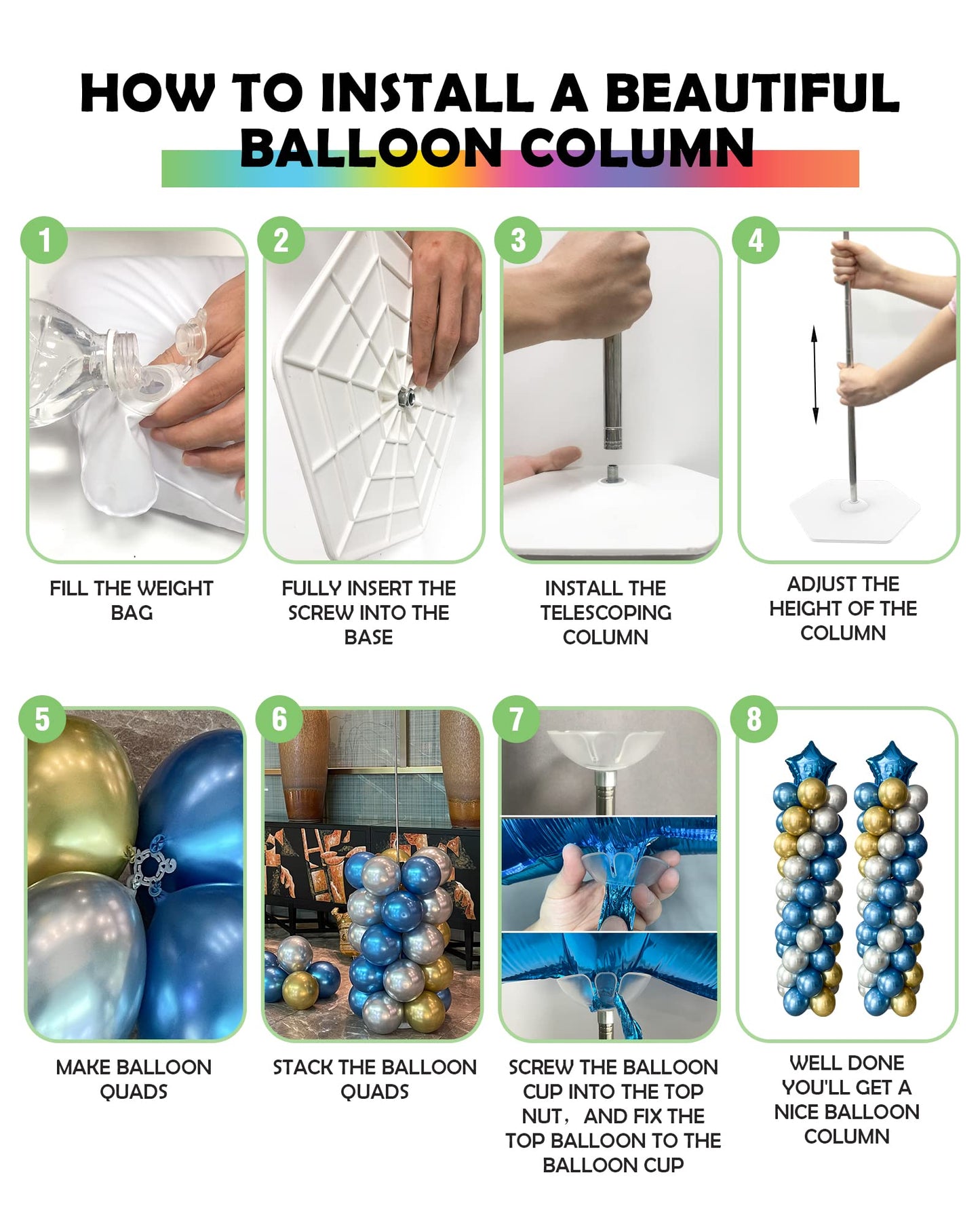 YALLOVE Balloon Column Stand Kit, Set of 2, 7 Feet Height Adjustable Balloon Tower Pillar with Reusable Metal Telescopic Design for Birthday, Wedding, Baby Shower, Graduation Party Decoration