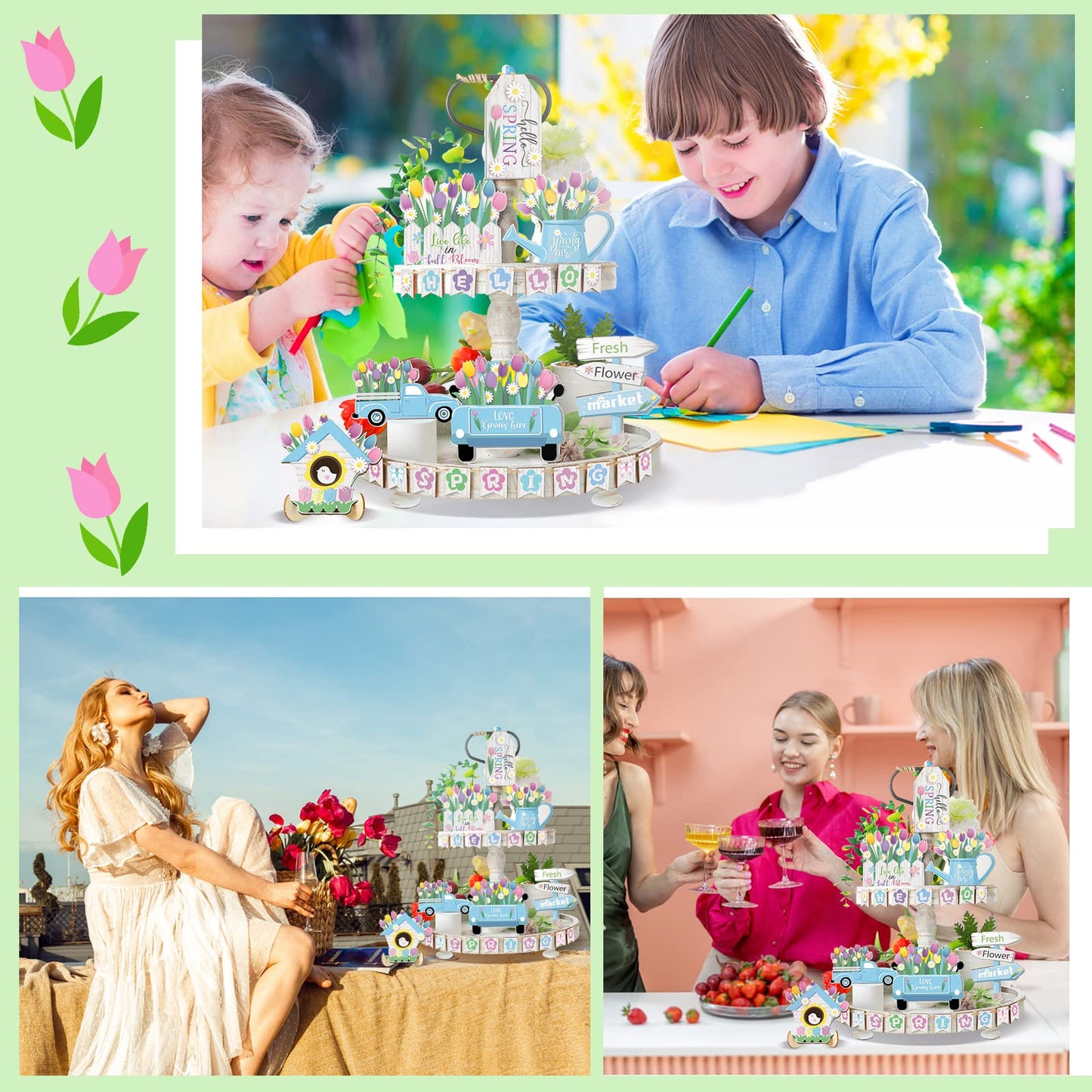 Bucherry Hello Spring Tiered Tray Decor Tulips Table Wooden Sign Decorations Flower Market Tabletop Rustic Farmhouse Decor for Spring Holiday Party Home Kitchen (Tulip Style)