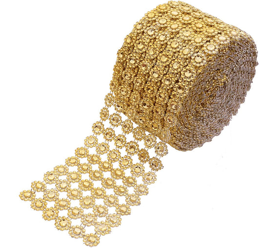 YYaaloa Crafts Faux Diamond Bling Wrap 4" x 10 Yards 6 Rows Gold Flower Pattern Faux Rhinestone Crystal Mesh Ribbon Roll for Wedding, Party, Centerpiece, Cake, Vase Sparkling Decoration (Gold)