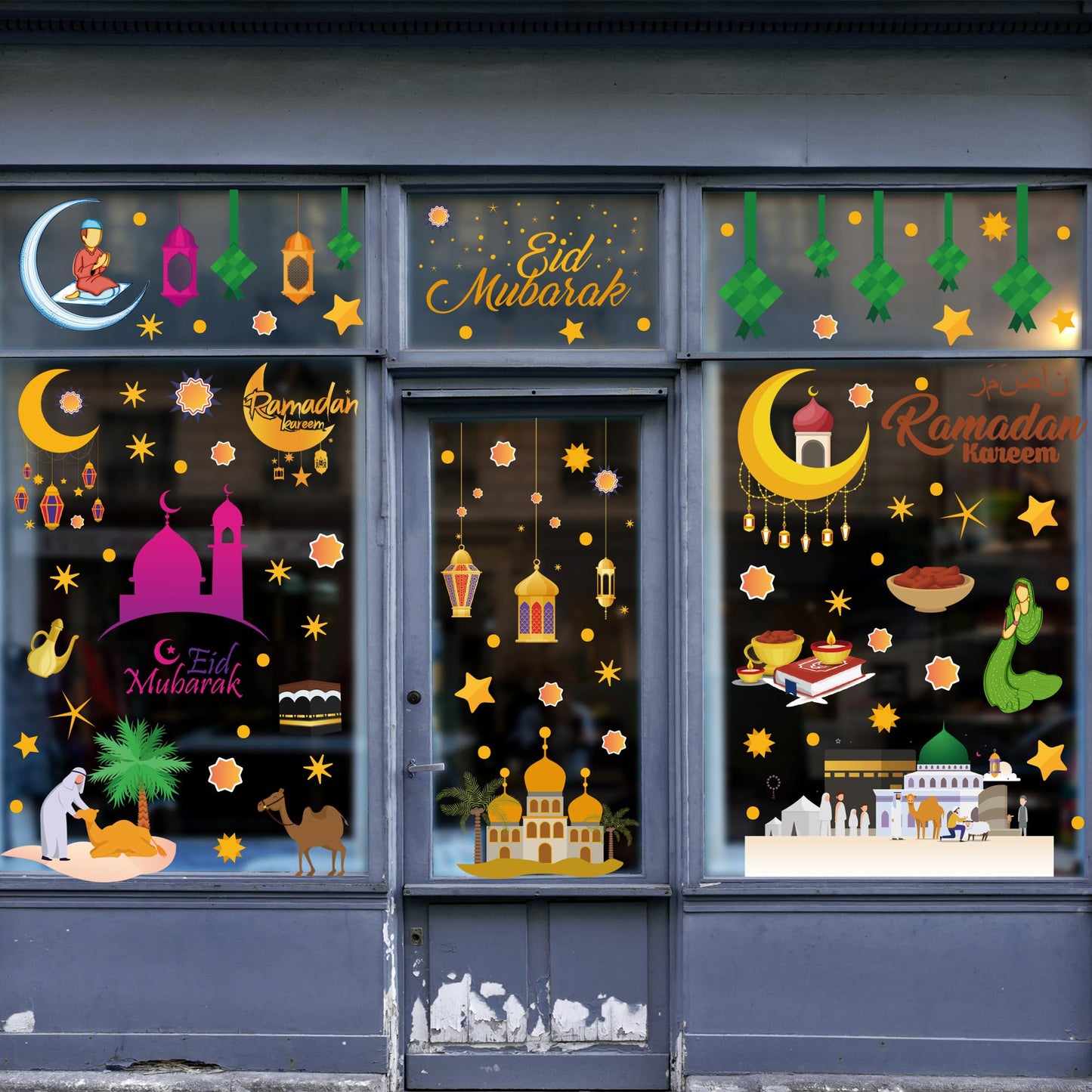 Ramadan Decorations Window clings Eid Mubarak Window Stickers Party Supplies Decorations Muslim Happiness Ramadan Eid Al-fitr Window Decor for Home Window Stickers
