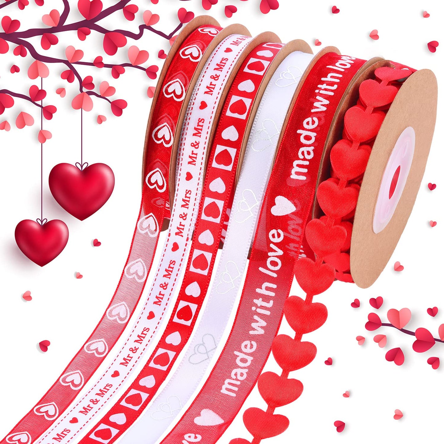 Zhanmai 6 Pieces Valentine's Day Ribbons Printed Heart Wired Ribbons Craft Satin Ribbons for Gift Wrapping DIY Supplies