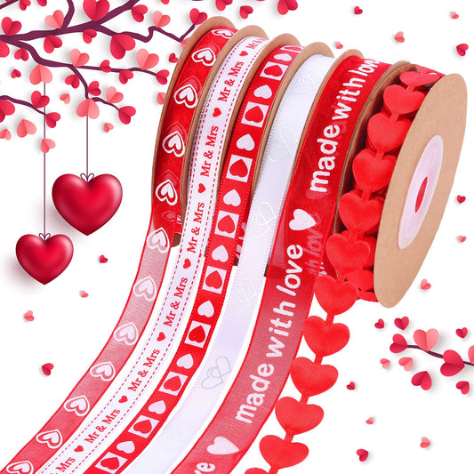 Zhanmai 6 Pieces Valentine's Day Ribbons Printed Heart Wired Ribbons Craft Satin Ribbons for Gift Wrapping DIY Supplies