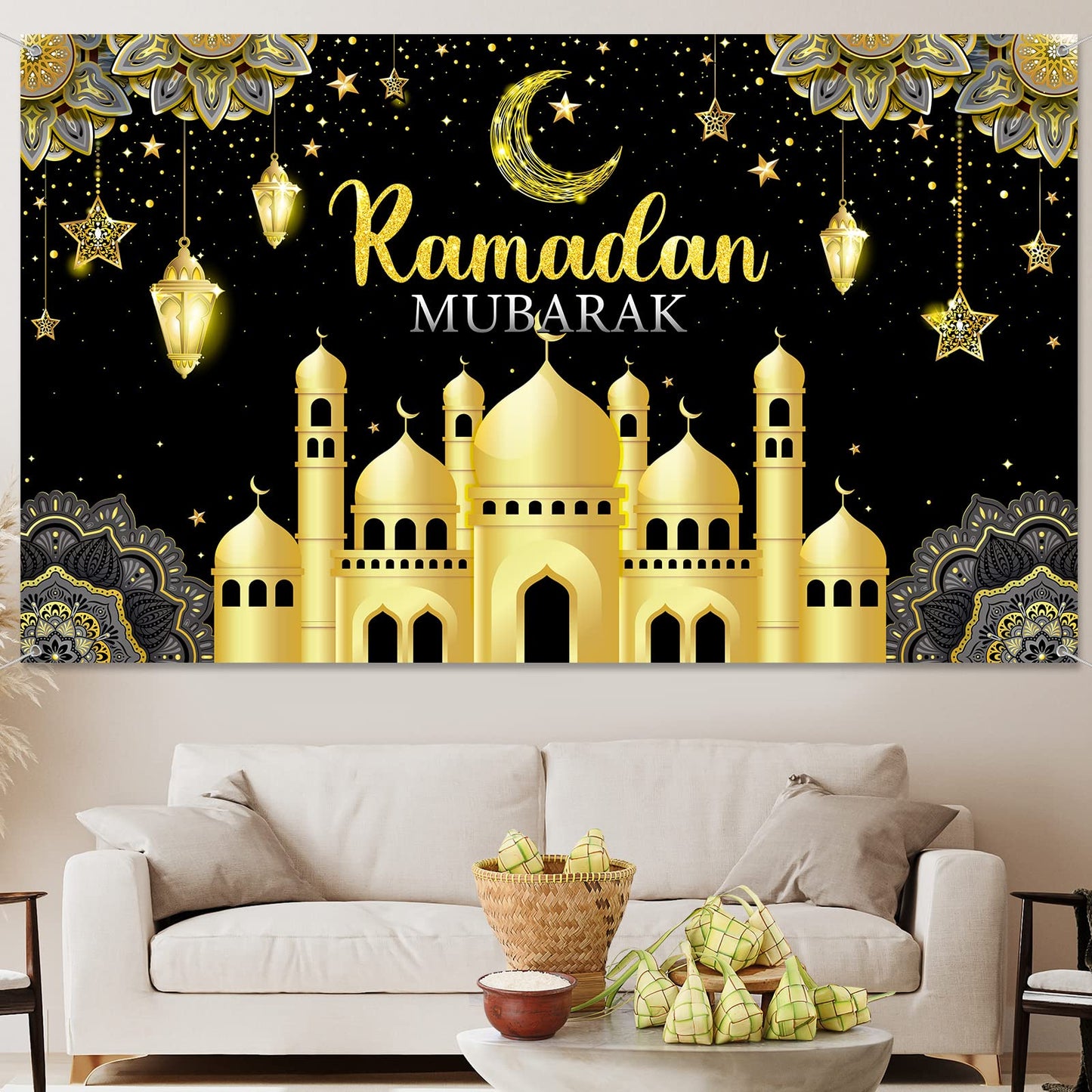 Ramadan Mubarak Decorations Backdrop Banner Muslim Kareem Background Eid Sign Photo Booth for Home Al Fitr Party Supplies (Black)