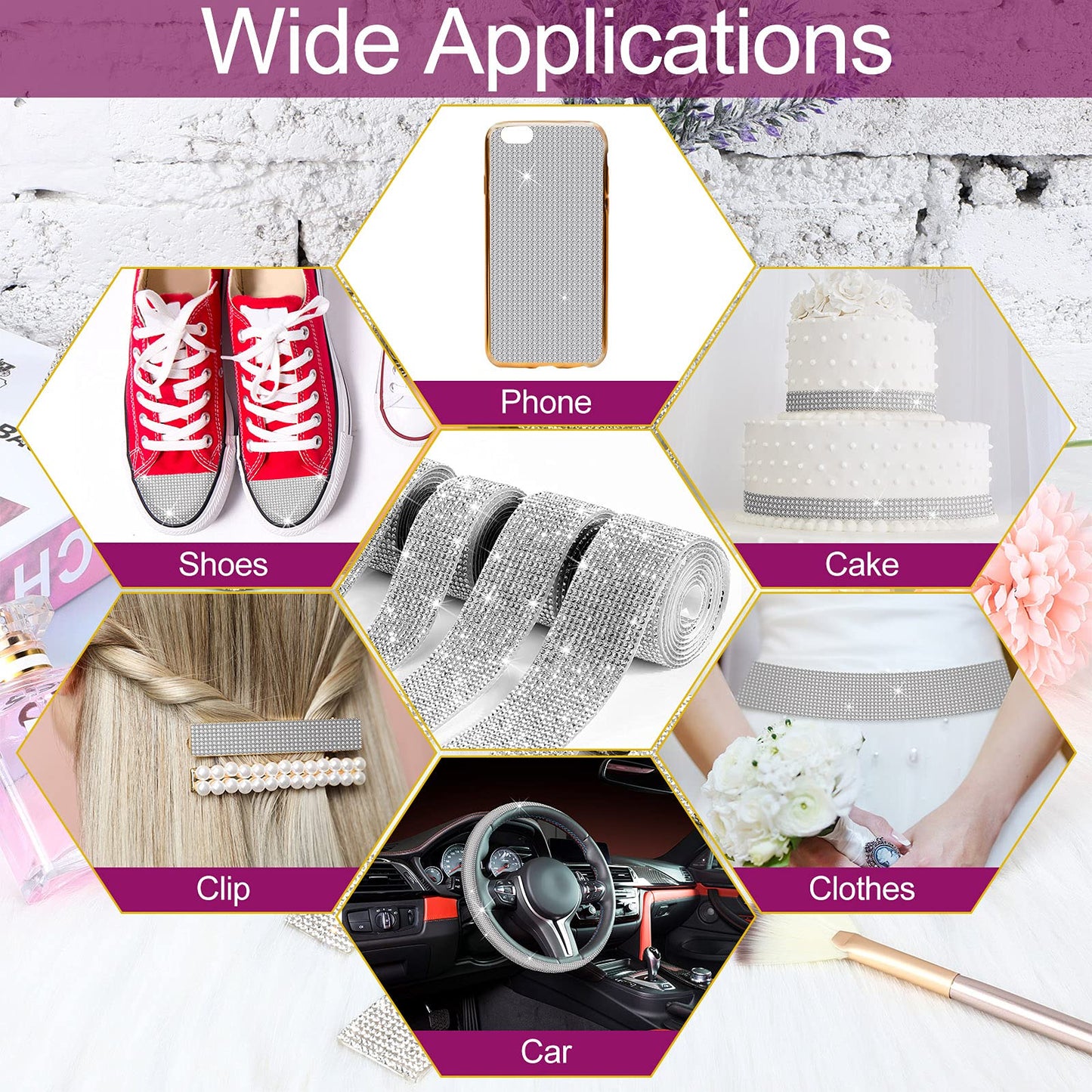 6 Rolls Self Adhesive Crystal Rhinestone Ribbon Diamond Bling Ribbons Wrap 6 Yards Mesh Glittering Sticker Roll for Arts Crafts Wedding Birthday DIY Event Car Phone Decoration (Silver)