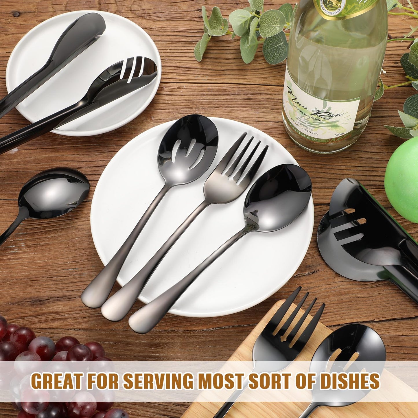 Patelai Stainless Steel Serving Utensils Large Serving Spoon Set 9.45 Inch Metal Tongs 9 Inch Serving Forks 8.7 Inch Slotted Spoons and Serving Spoon Kitchen Wedding Party (Black,15 Pieces)