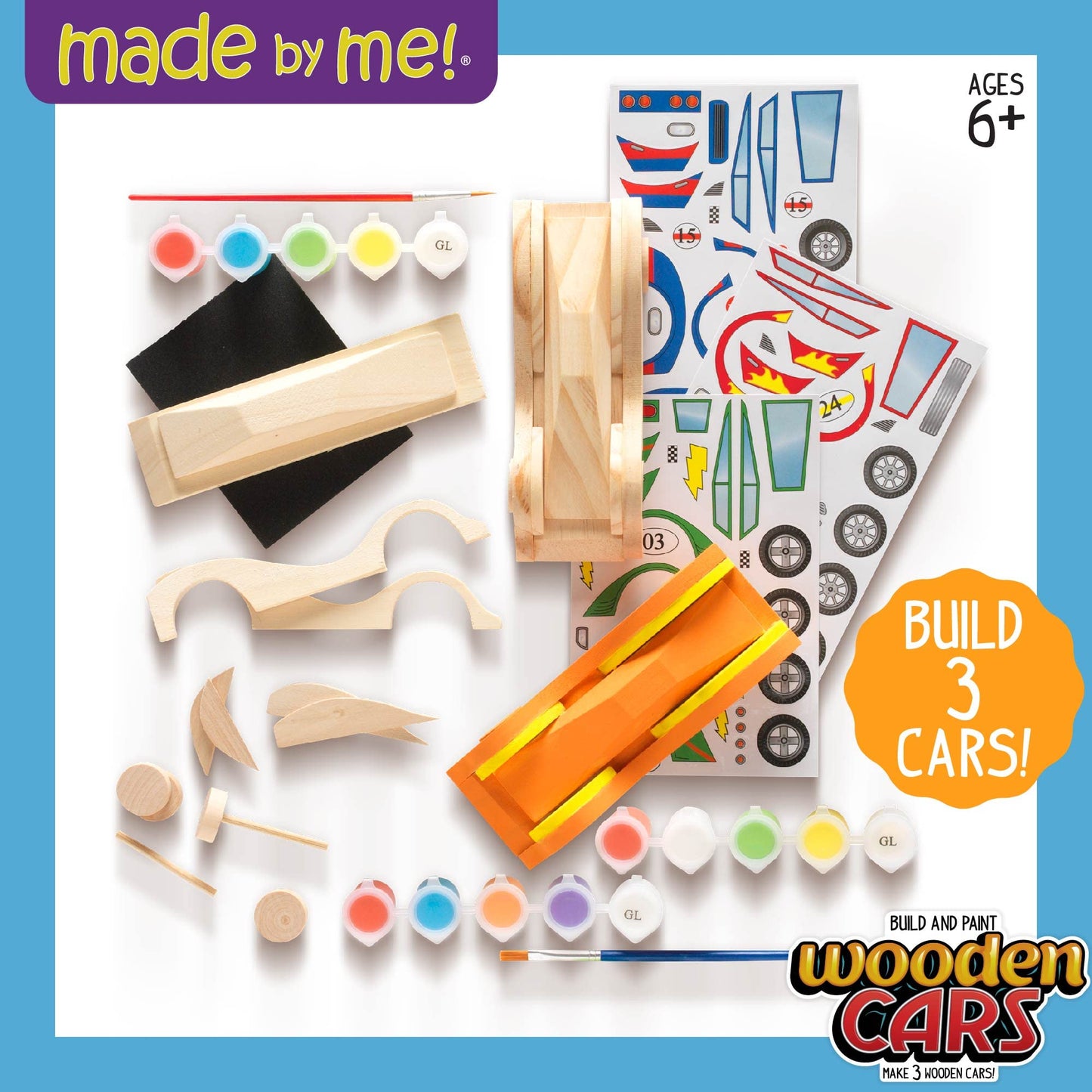 Made By Me Build & Paint Your Own Wooden Cars - DIY Wood Craft Kit, Easy To Assemble and 3 Race – Arts Crafts Kit for Kids Ages 6 And Up, Multicolor, Medium