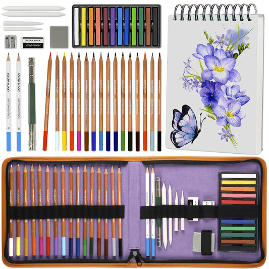 COLOUR BLOCK Drawing Travel Art Set - 60 sheets 6 x 8 Inches Drawing Pad,16 Drawing Colored Pencils Set, 12 Soft Pastels Set, 2 Sketching Pencils, and 8 Assorted Tools for School Supply