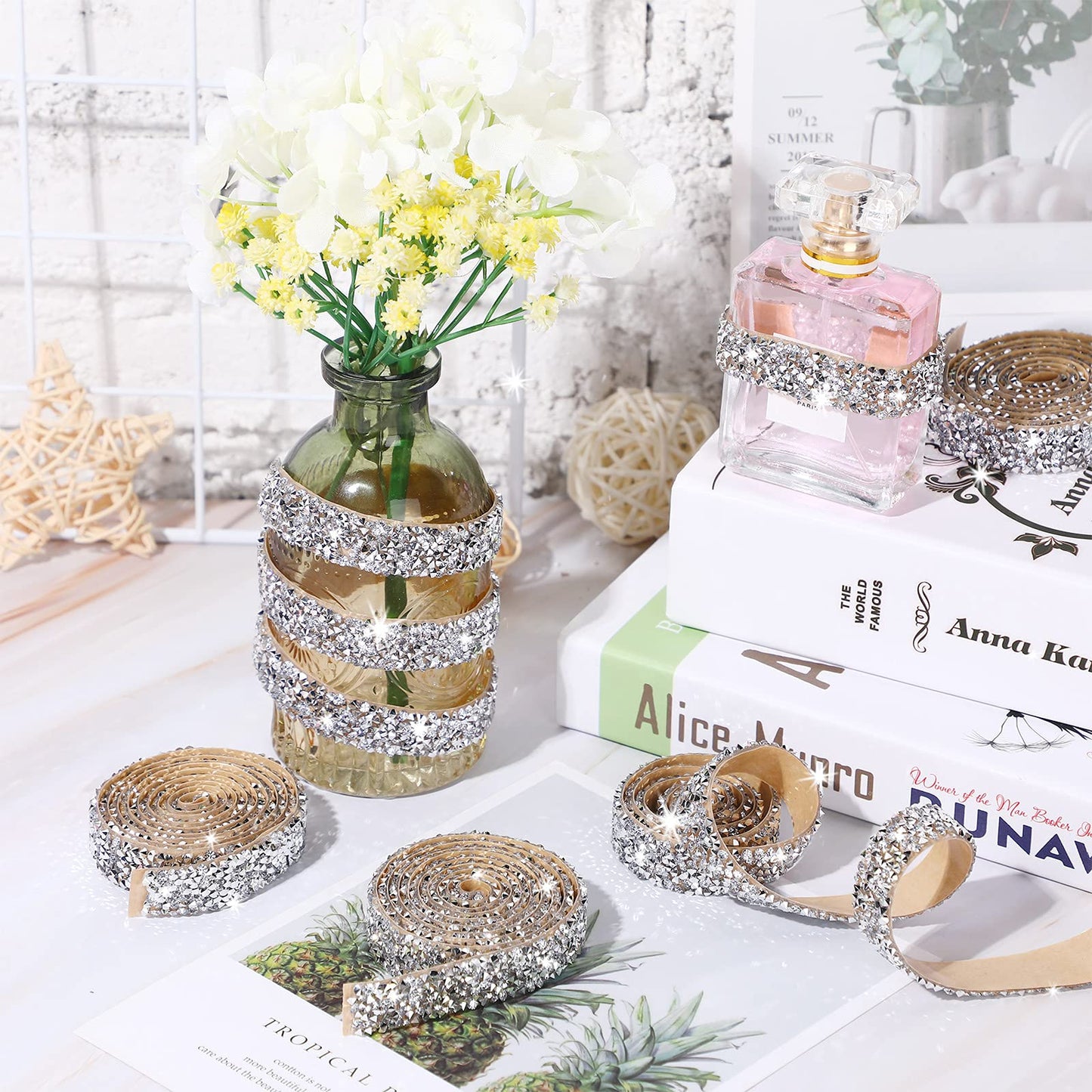 5 Rolls Crystal Rhinestone Ribbon Shiny Resin Diamond Self-Adhesive Bling Ribbon for Arts Crafts DIY Party Decor(Silver,Basic Style)