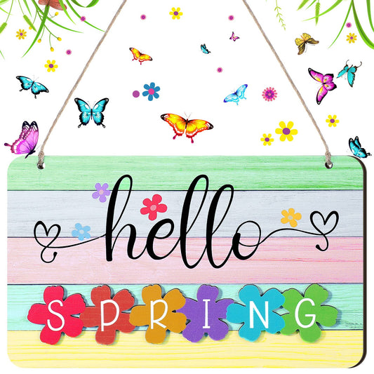 Hello Fall Winter Spring Summer Sign Rustic Wood Decor Farmhouse Wall Hanging Plaque Filleted Corner Wooden Sign for Home Bathroom Indoor Outdoor, 10 x 5.9 Inch(Multi Colors,Spring Style)