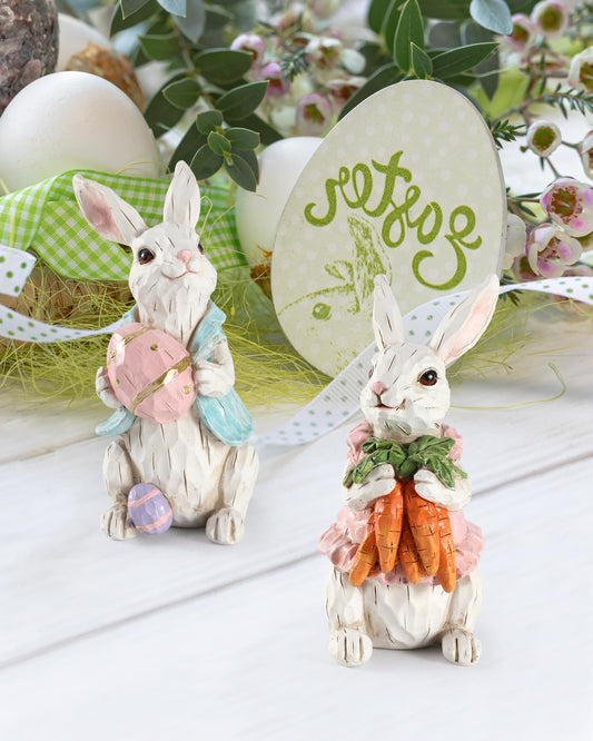 iStatue Easter Bunnies, Set of 2 Resin 5'' Bunny Figurines with Resurrection Eggs and Carrots - Hand-Painted Statue Spring Easter Decorations for The Home Decor Office Gift (Easter Bunnies)