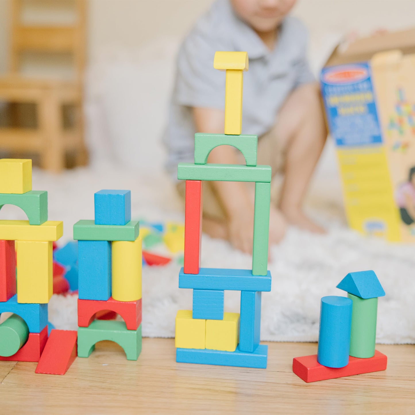 Melissa & Doug Wooden Building Set - 100 Blocks in 4 Colors and 9 Shapes