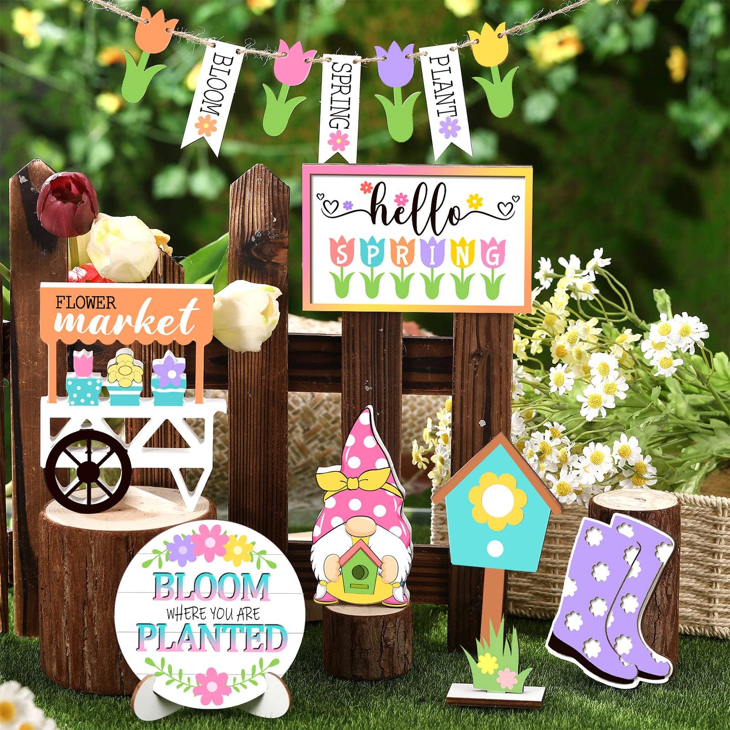 Jetec 12 Pcs Spring Tiered Tray Decor Wooden Gnomes Flowers Plants Tabletop Trays Signs Spring Summer Fall Tiered Tray Items for Home Farmhouse Rustic Kitchen Decorations (Spring)