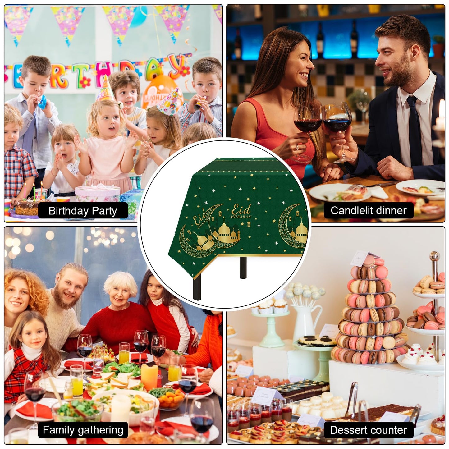 Childom 3 Pack Ramadan Mubarak Tablecloths for Eid Mubarak Decorations, 54" x 108" Plastic Disposable Happiness Ramadan Eid Al-fitr Party Table Covers for Rectangle Tables Ramadan Party Favors(Green)