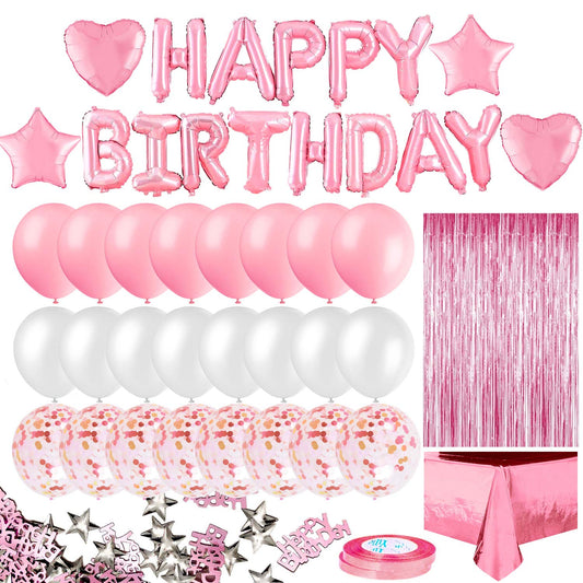 MOVINPE Pink Birthday Party Decoration, Happy Birthday Banner, Rose Gold Fringe Curtain, Foil Tablecloth, Heart Star Foil Confetti Balloons, 10g Table Confetti for Women Girl Birthday Party