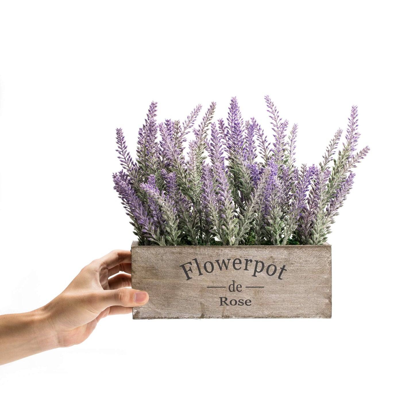 Velener Purple Artificial Lavender Flowers with Decorative Tray Wooden Box 9 Inches - Lifelike Faux Lavender Plants for Home and Office Decor, Fake Lavender Rustic Farmhouse Style