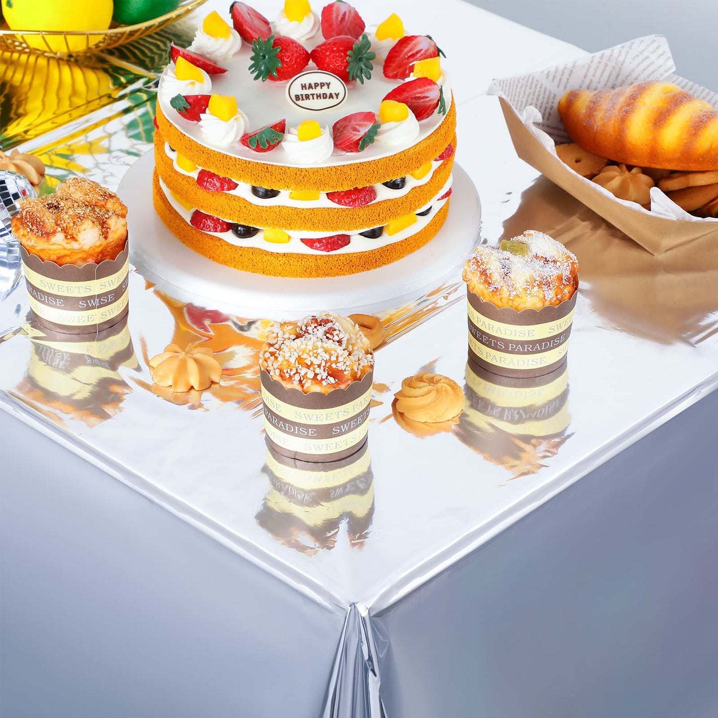 Foil Party Rectangular Table Covers Table Cloth 54 x 108 Inch Shiny Plastic Waterproof Tablecloth Party Table Cover for Wedding Anniversary Engagement Party (Silver, 3 Pieces)