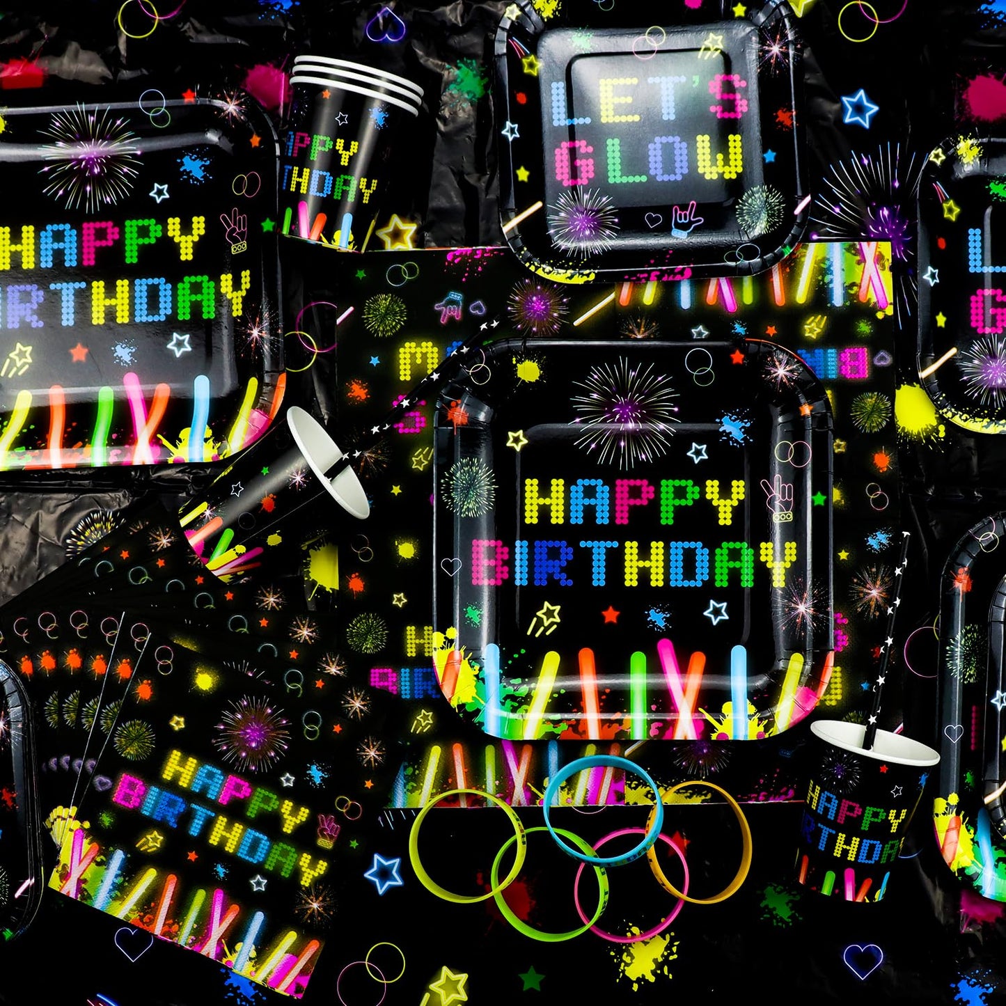Glow Neon Party Supplies Neon Glow Plate Set Neon Balloon Glow in the Dark Happy Birthday Backdrop Glow Birthday Blacklight Party Decoration Neon Glow Birthday Tableware Serves 20