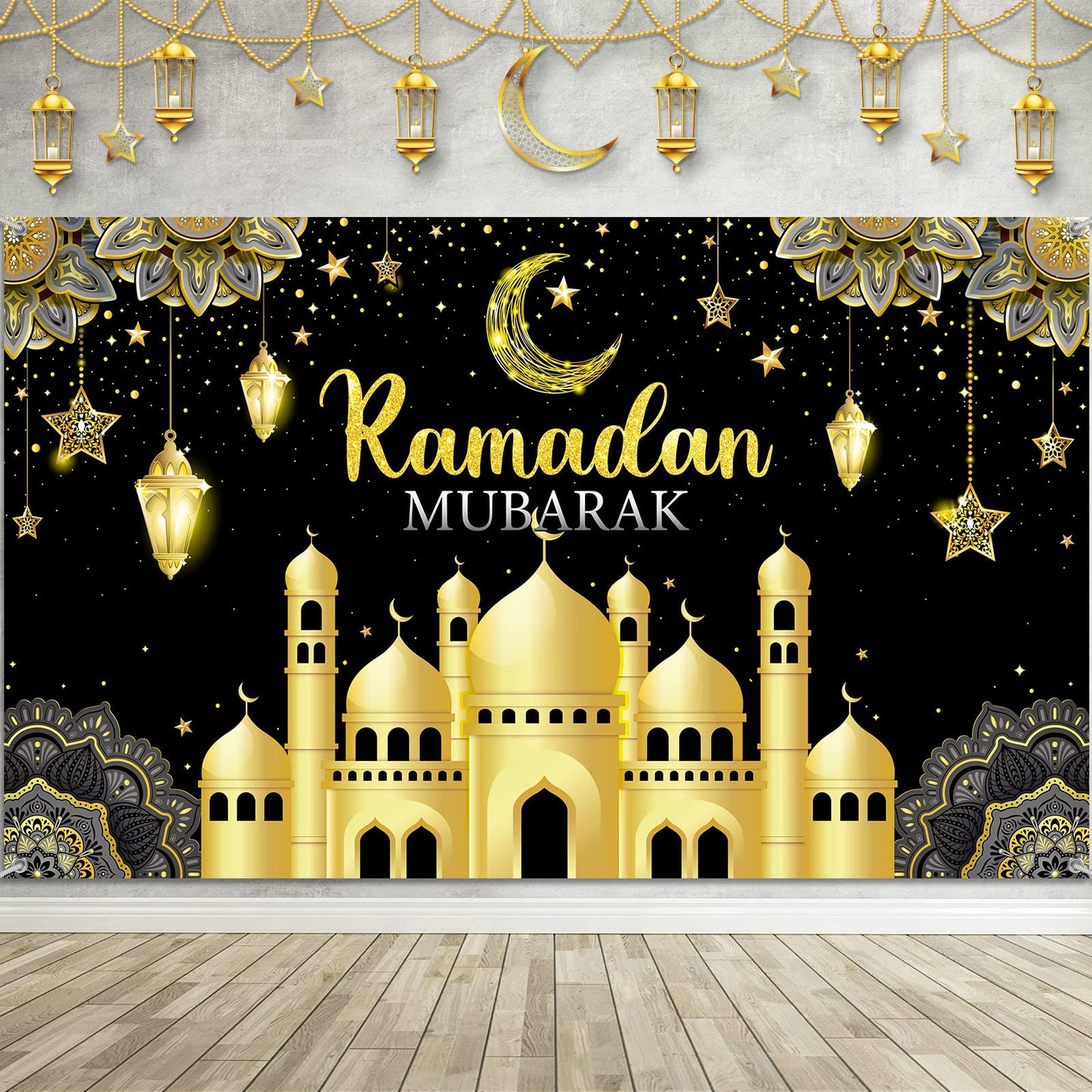 Ramadan Mubarak Decorations Backdrop Banner Muslim Kareem Background Eid Sign Photo Booth for Home Al Fitr Party Supplies (Black)