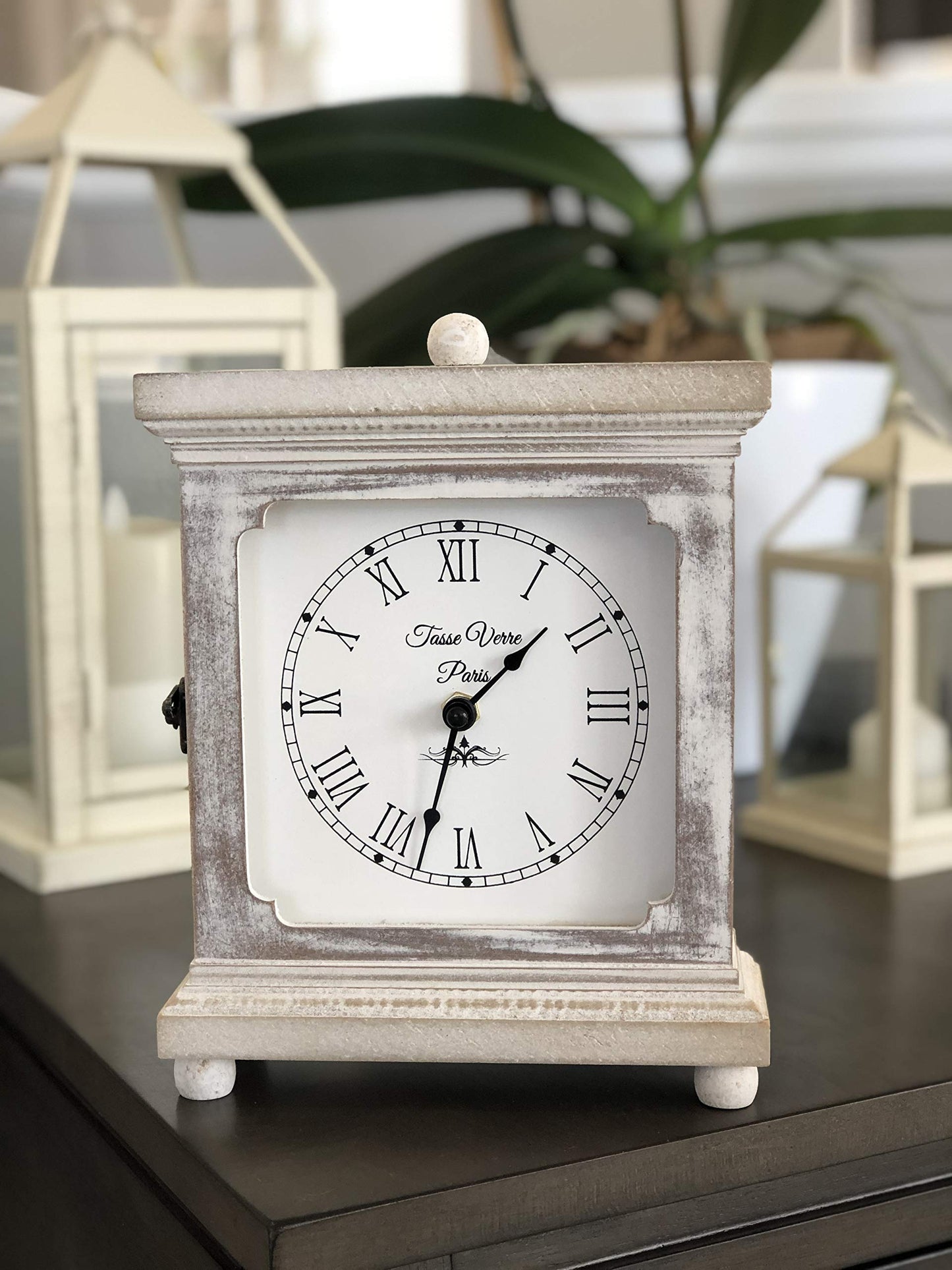 Tasse Verre Rustic Shelf Clock (Quiet) for Living Room Mantel, Table, Or Desk 9" X 7" Farmhouse Decor Distressed White Washed Wood Silent - Office Fireplace. AA Battery Operated Non-Digital, Tan