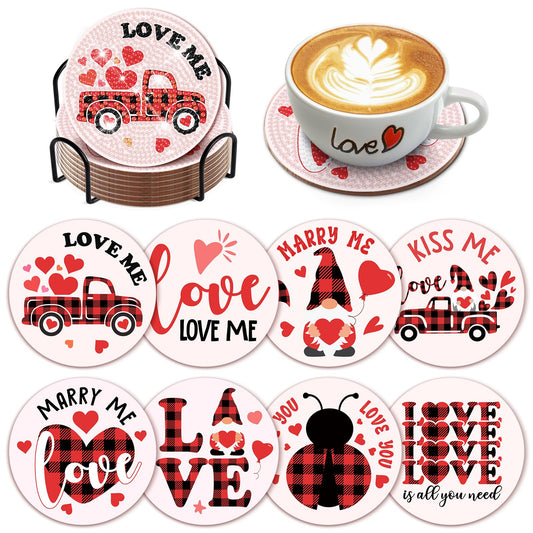 clothmile 8 PCS Valentine’s Day Diamond Art Coasters Love Diamond Painting Coasters Kits with Holder DIY Coasters for Beginners, Adults, Kids, Diamond Art Crafts Supplies (Valentines)