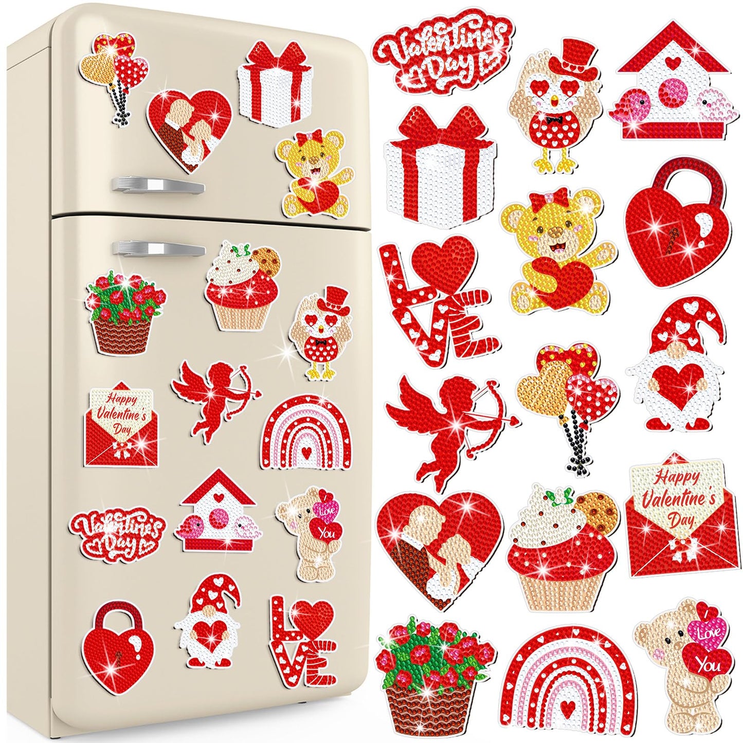Umigy 16 Pcs Valentine's Day Diamond Painting Magnets for Refrigerator Heart Love Gnome Diamond Art Magnets DIY Red Valentines Day Diamond Painting Kits Diamond Art for Adults Kids Crafts Gifts