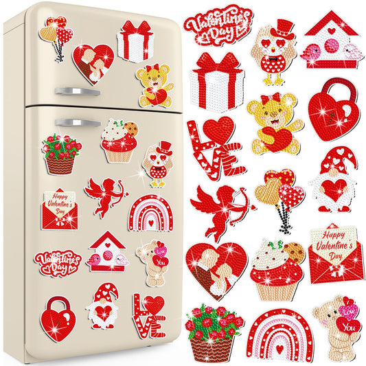 Umigy 16 Pcs Valentine's Day Diamond Painting Magnets for Refrigerator Heart Love Gnome Diamond Art Magnets DIY Red Valentines Day Diamond Painting Kits Diamond Art for Adults Kids Crafts Gifts