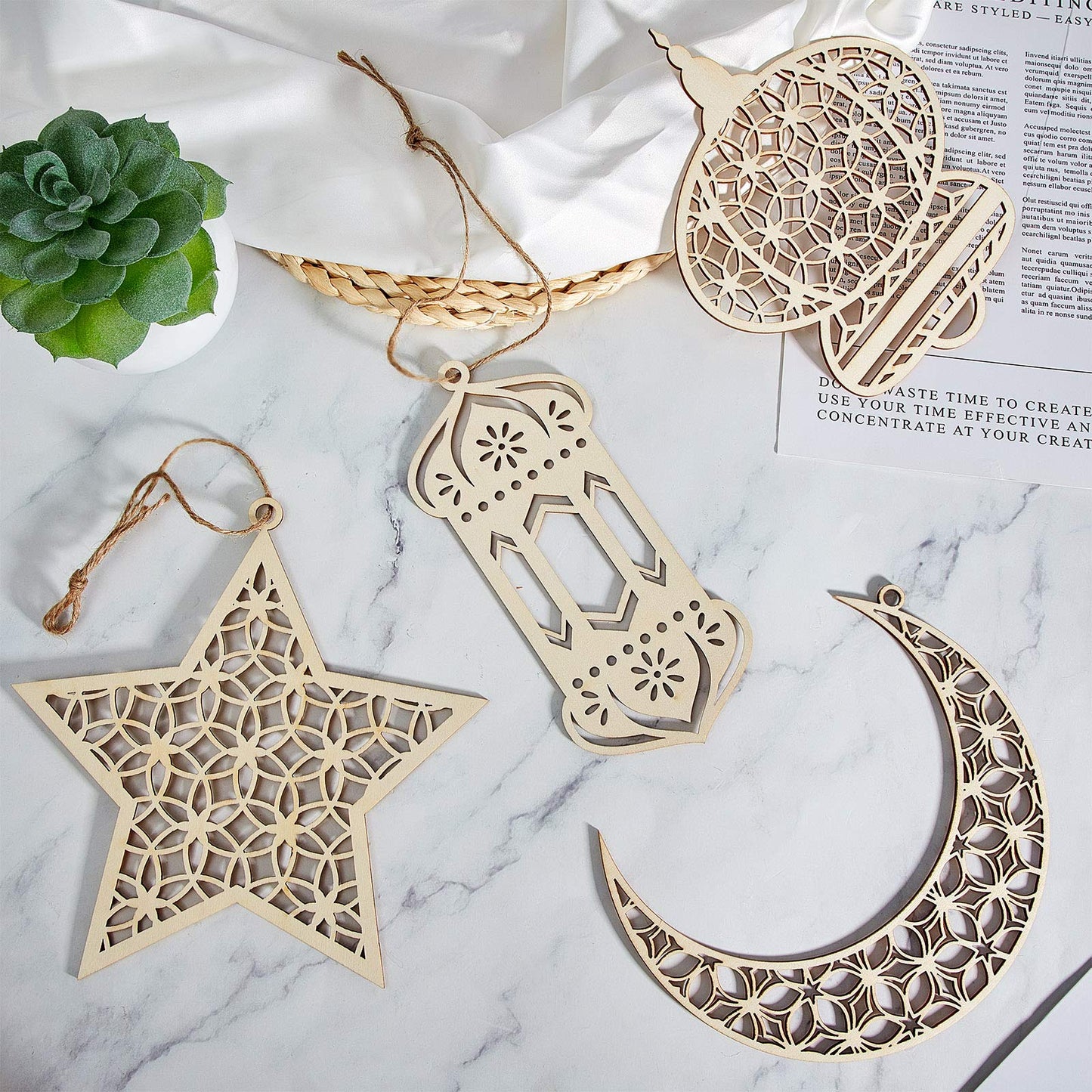 9 Pieces Wooden Pendant Ornament Ramadan Kareem Hollow Decoration Moon Star Wind Light Shape Pendant Ornament Happy Eid Hanging Sign for Ramadan Mubarak Eid Party Decorations