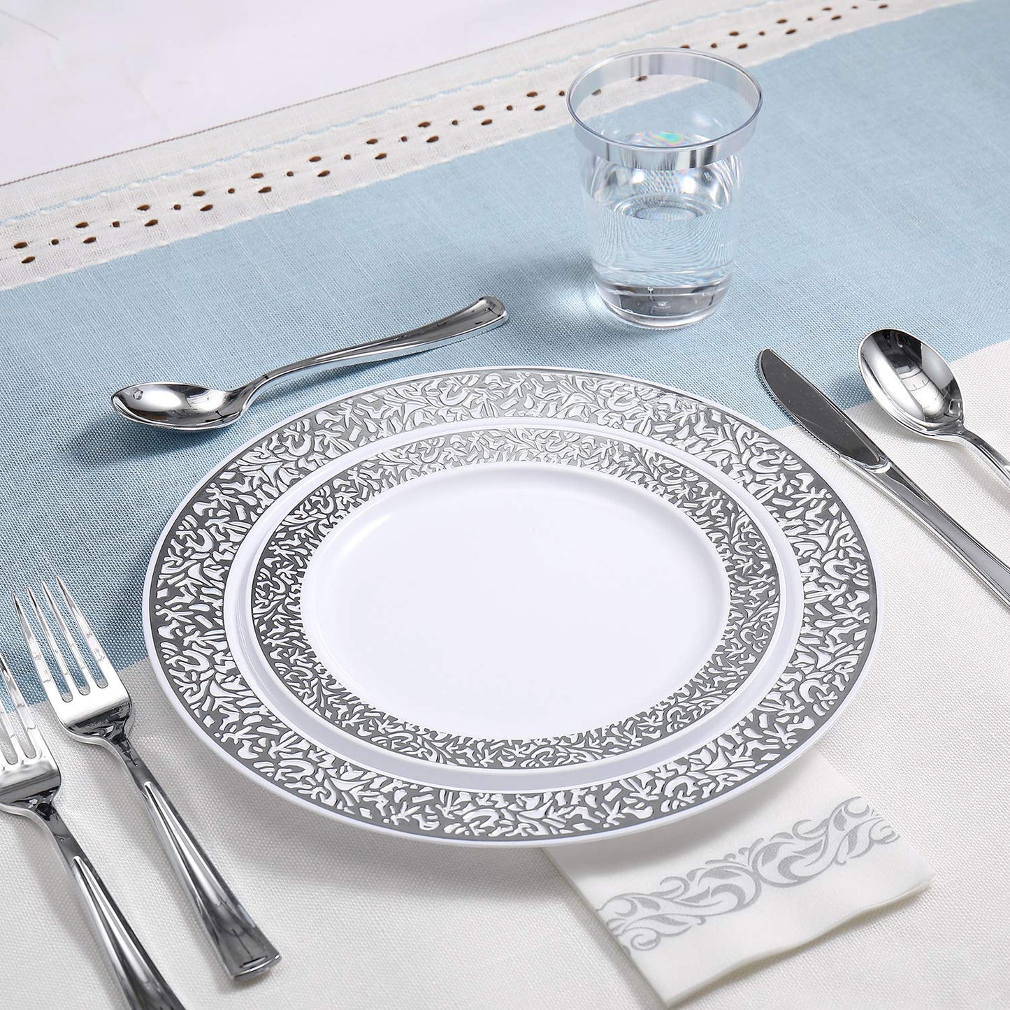 175 Piece Silver Dinnerware Set 25 Guest-50 Silver Lace Plastic Plates-25 Silver Plastic Silverware-25 Silver Plastic Cups-25 Silver Paper Napkins, FOCUSLINE Disposable Dinnerware Set