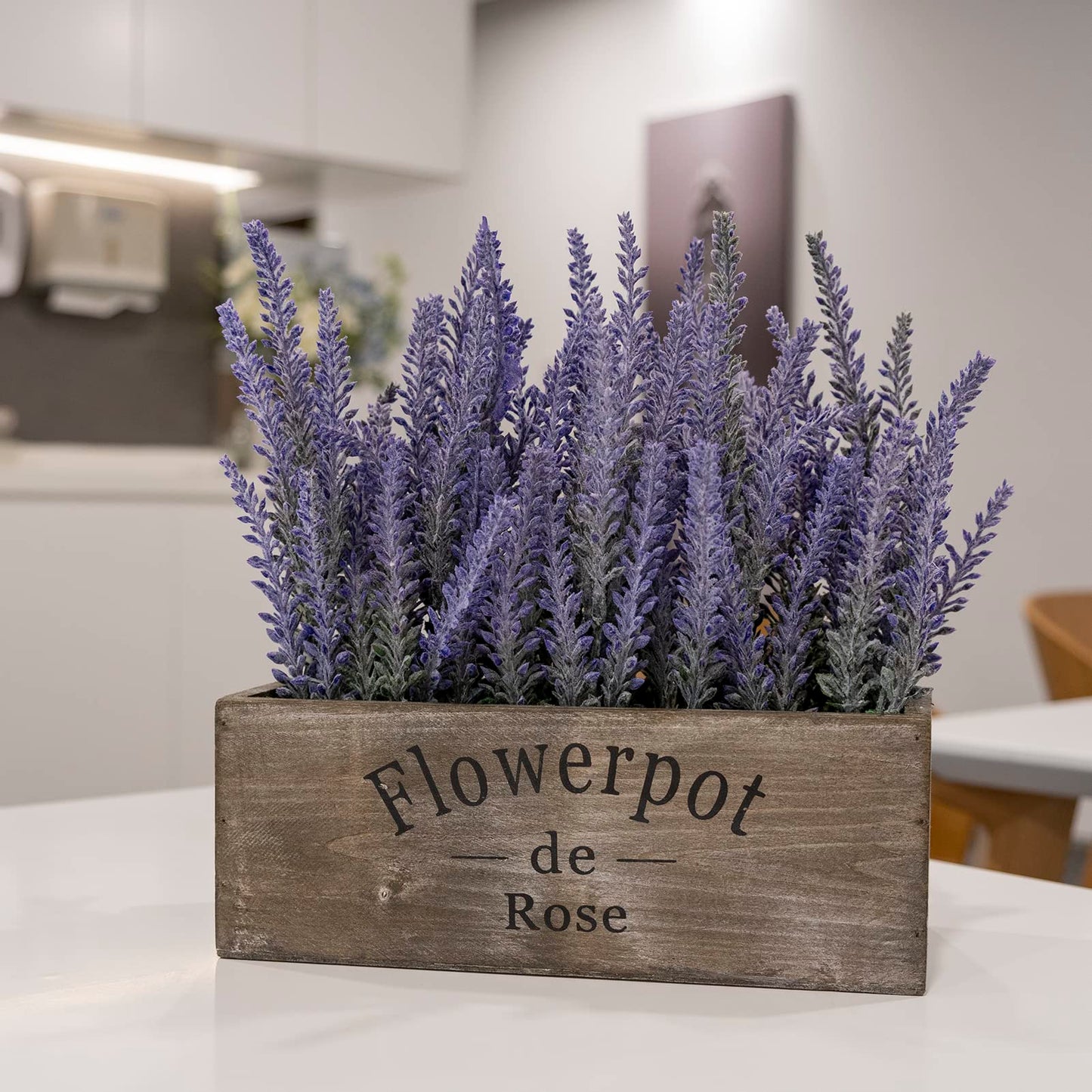 Velener Purple Artificial Lavender Flowers with Decorative Tray Wooden Box 9 Inches - Lifelike Faux Lavender Plants for Home and Office Decor, Fake Lavender Rustic Farmhouse Style