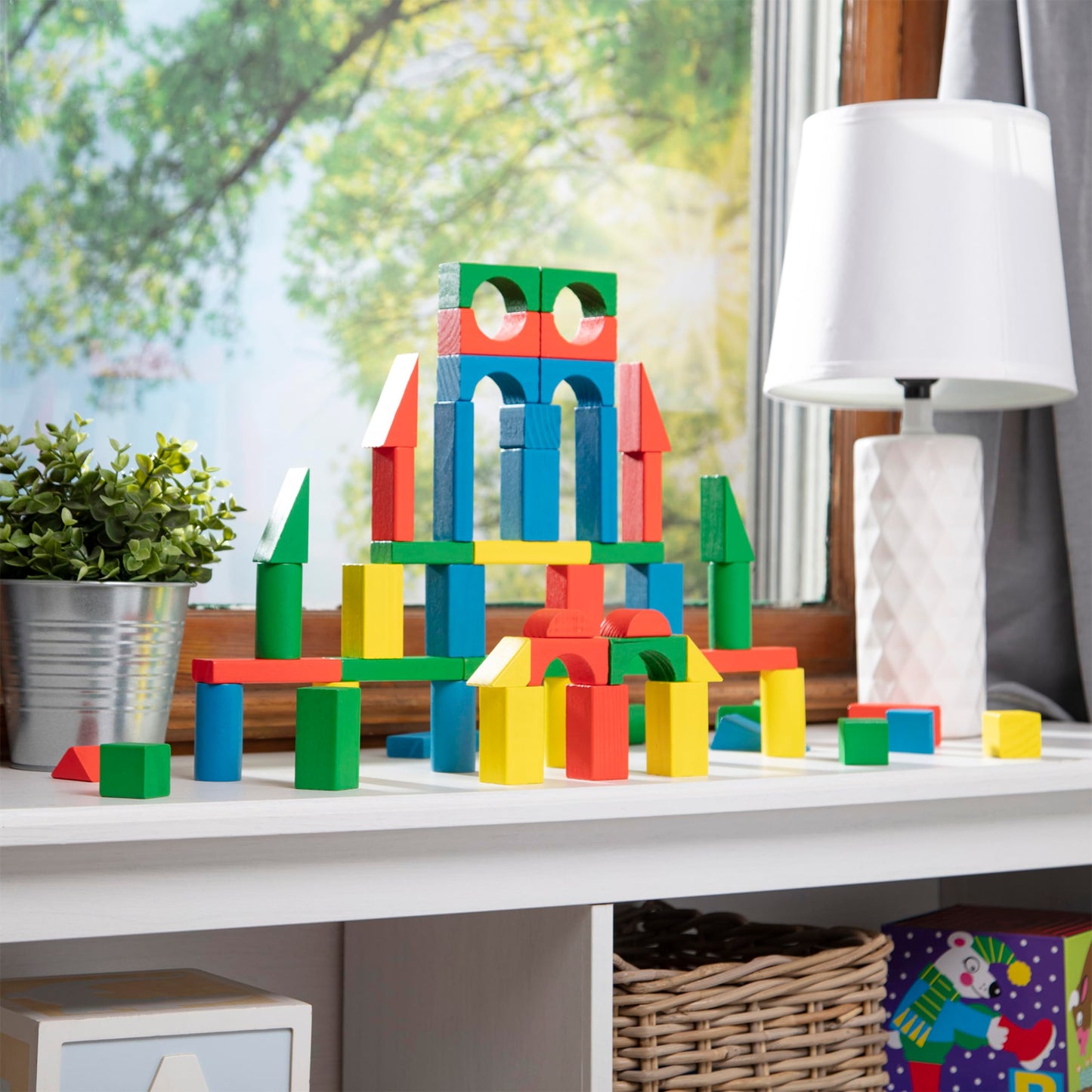 Melissa & Doug Wooden Building Set - 100 Blocks in 4 Colors and 9 Shapes