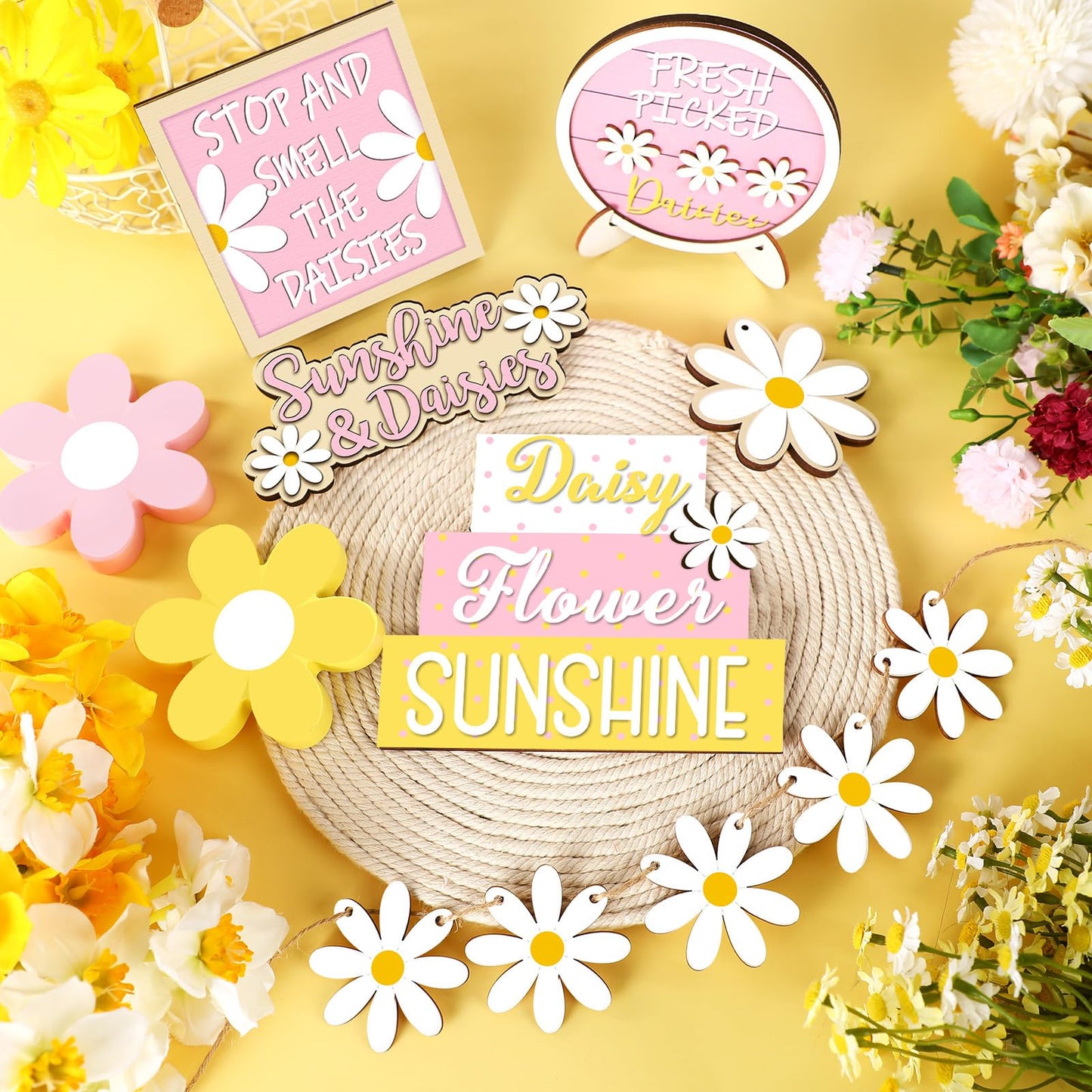 Jetec 12 Pcs Valentine's Day Tiered Tray Decor Set Valentines Heart Wood Sign Gnome Truck Rustic Farmhouse Tray Signs Table Decor for Romantic Valentine's Day Home Kitchen(Daisy, 12 Pcs)