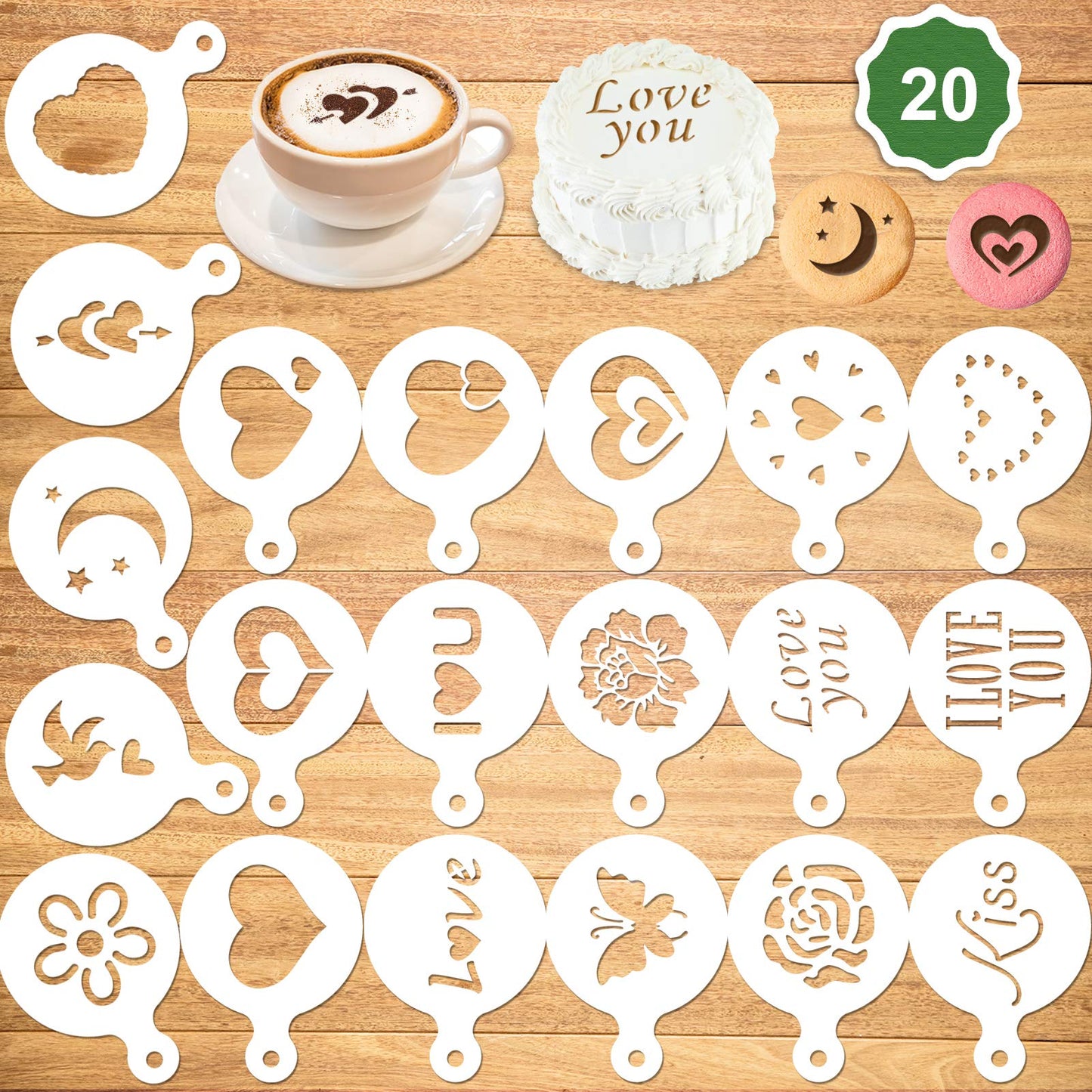 Konsait 20Pack Valentine's Day Cake Stencil Templates Decoration, Reusable Valentine Day Cake Cookies Baking Painting Mold Tools, for Decorating Dessert Coffee Oatmeal Cappuccino Mousse Hot Chocolate