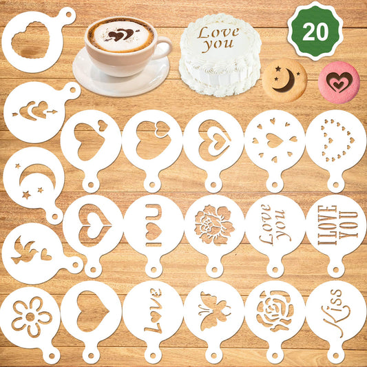Konsait 20Pack Valentine's Day Cake Stencil Templates Decoration, Reusable Valentine Day Cake Cookies Baking Painting Mold Tools, for Decorating Dessert Coffee Oatmeal Cappuccino Mousse Hot Chocolate