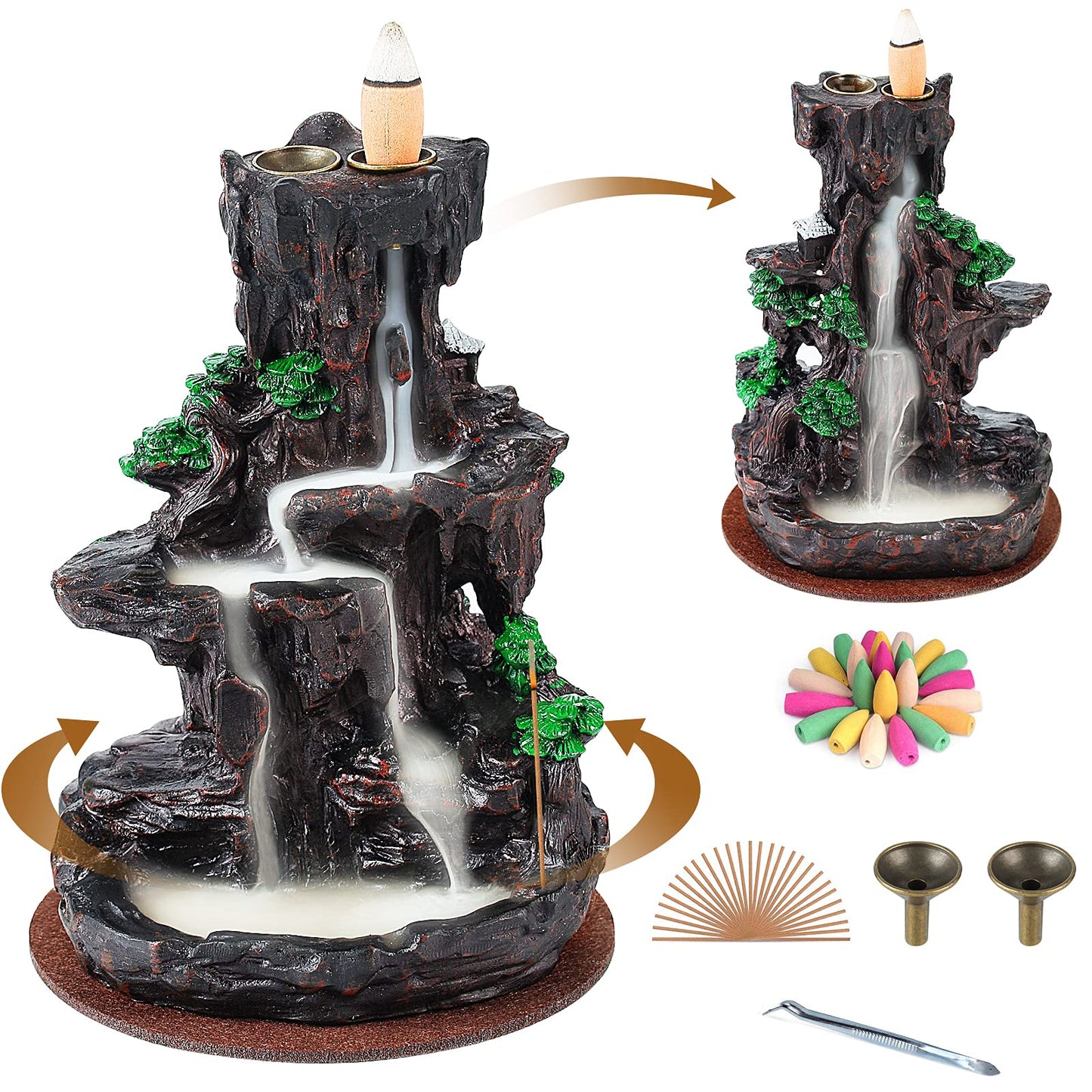 SPACEKEEPER Incense Burner, Backflow Holder Waterfall 2 Sides, with 120 Cones, 30 Sticks, Aromatcherapy Ornamen