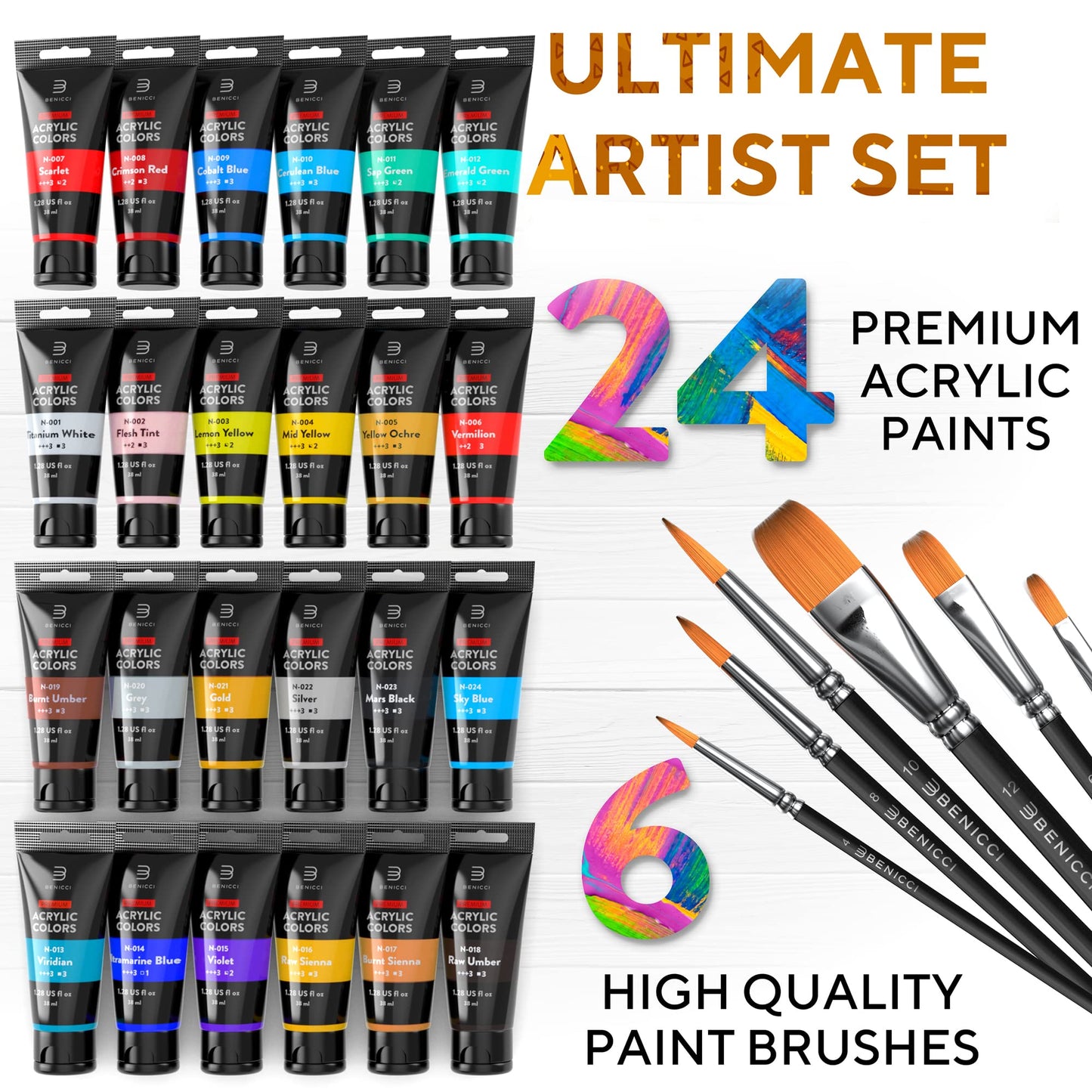 Premium Quality Acrylic Paint Set 24 Colors - 1.28oz (38ml) - with 6 Nylon Brushes - Safe for Kids & Adults - Perfect Kit for Beginners, Pros & Artists to Create Amazing Paintings and Artwork