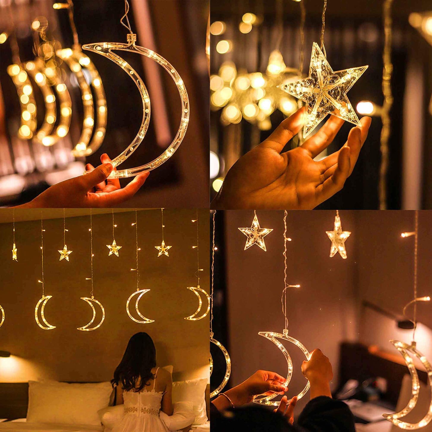 FUNPENY Star Moon Curtain String Lights, 138 LED Window Lights with Remote Control, Warm White Fairy Lights with 8 Modes for Indoor, Wedding, Party, Bedroom, Patio Lawn, Ramadan Decorations