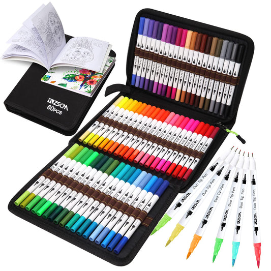 ZSCM Art Duo Tip Brush Markers Set, 60 Colors Fine& Brush Tip Artist Drawing Pens Set with Coloring Book, for Adult Sketching Journal Planner School Supplies Gifts