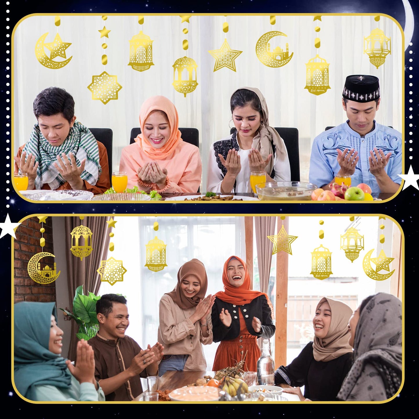 Zonon 24 Pcs Islamic Star Moon Lantern Ramadan Garland Eid Decoration Streamer Ramadan Mubarak Party Banner Backdrop Shining Hanging Wall Decorations for Home Wedding Decor Islam Party(Gold)