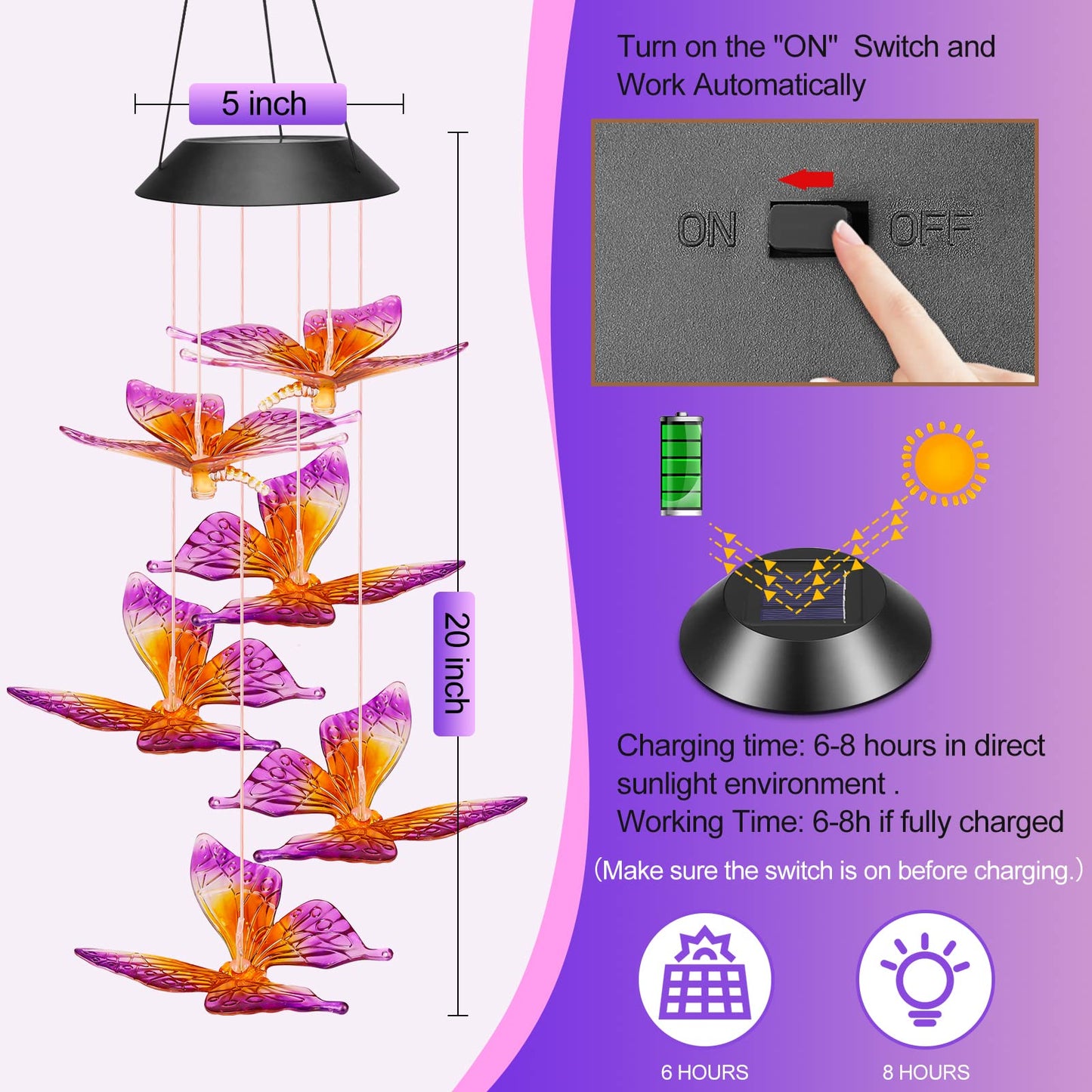 Mom Gifts for Mothers Day Grandma Gift, Winzwon Butterfly Solar Wind Chimes for Outside Solar Lights Outdoor Decor Hanging Mobile for Garden Birthday Gifts for Women