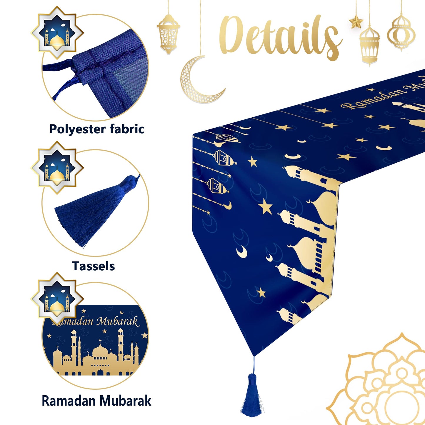 Wehhbtye 2 Pack Eid Mubarak Table Runner -12 x71 Table Runner Eid Mubarak Decorations with Tassels -Table Runner Dresser Scarves for Table Dinner Holiday Party(Eid Mubarak Table Runner, 2)